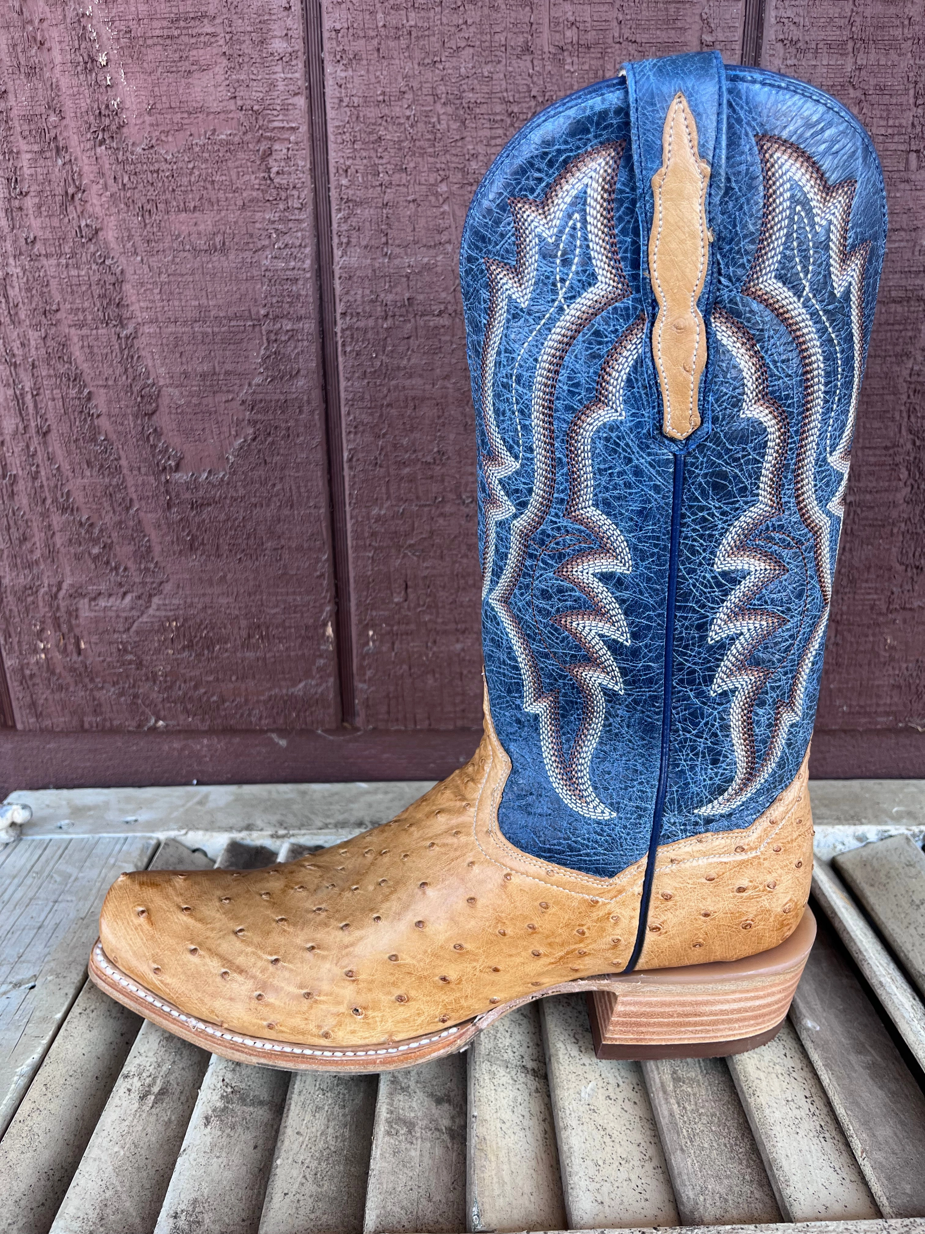 Dan Post Men's Tan Full Quill Ostrich & Blue Top Cutter Toe Cowboy Boots DP5191 Casual Adventure Active Adventures