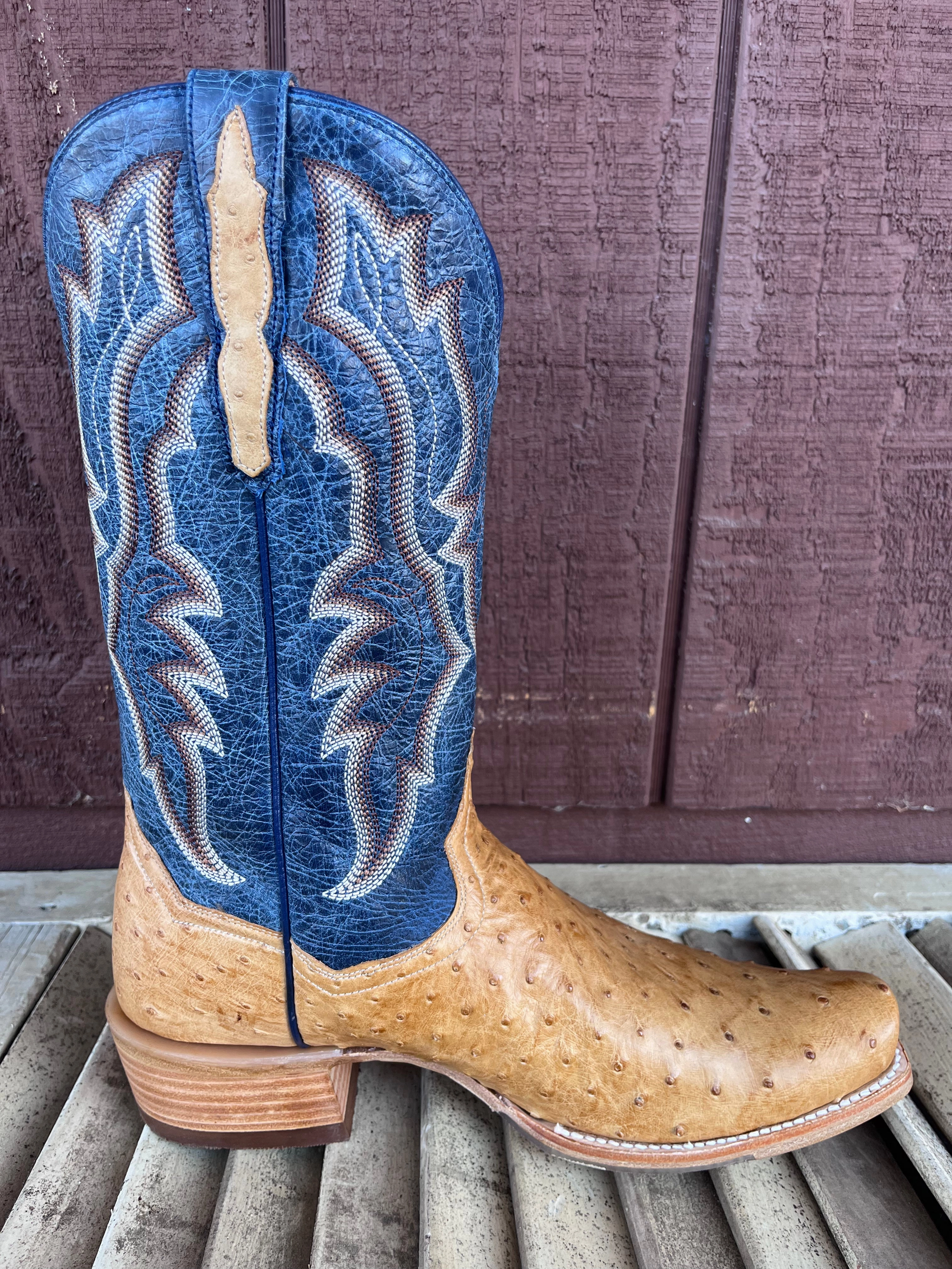 Dan Post Men's Tan Full Quill Ostrich & Blue Top Cutter Toe Cowboy Boots DP5191 Rainy Day Ground Force