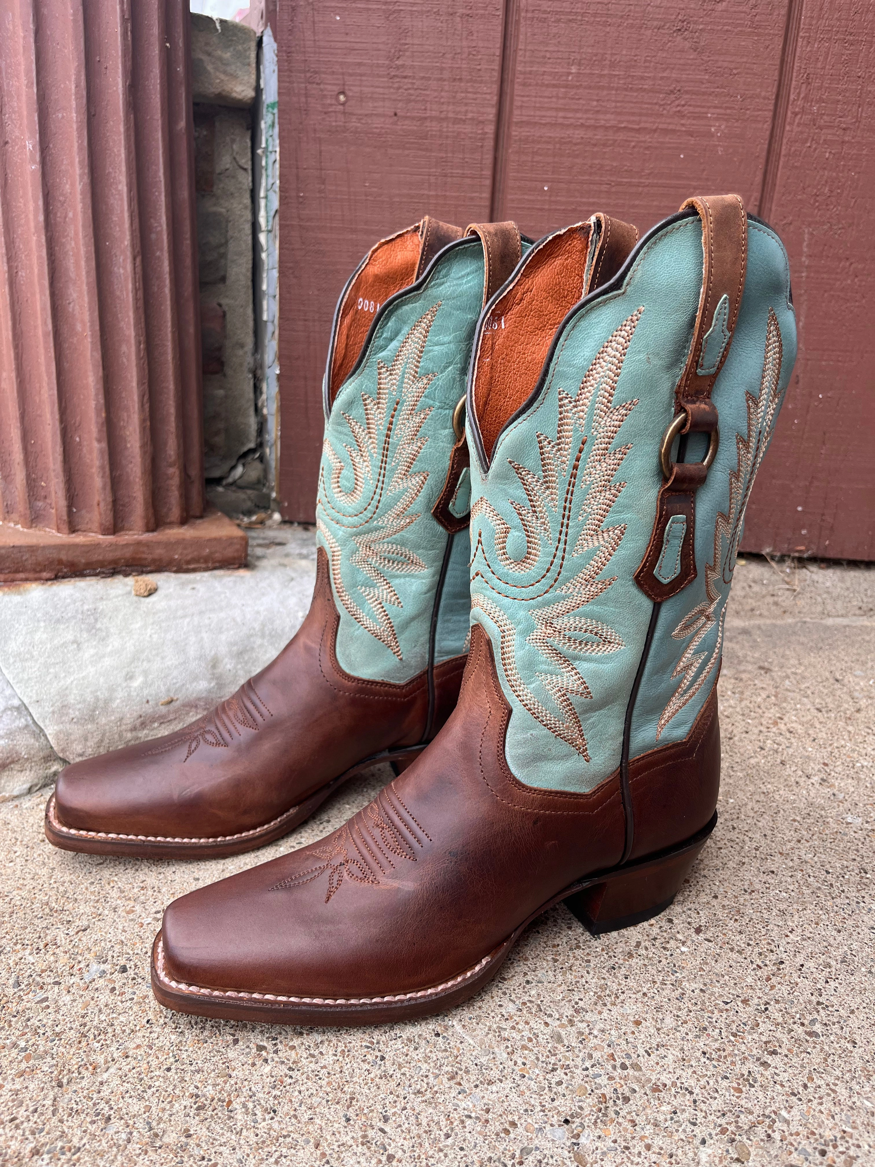 Dan Post Women's Brown & Turquoise Tamra Narrow Square Toe Cowgirl Boots DP4097 Water Line