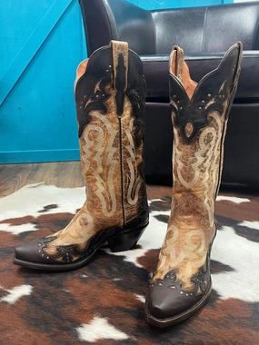 Dan Post Women's Joni Tan with Chocolate Overlay Snip Toe Cowgirl Boots DP4203 Comfortable compression