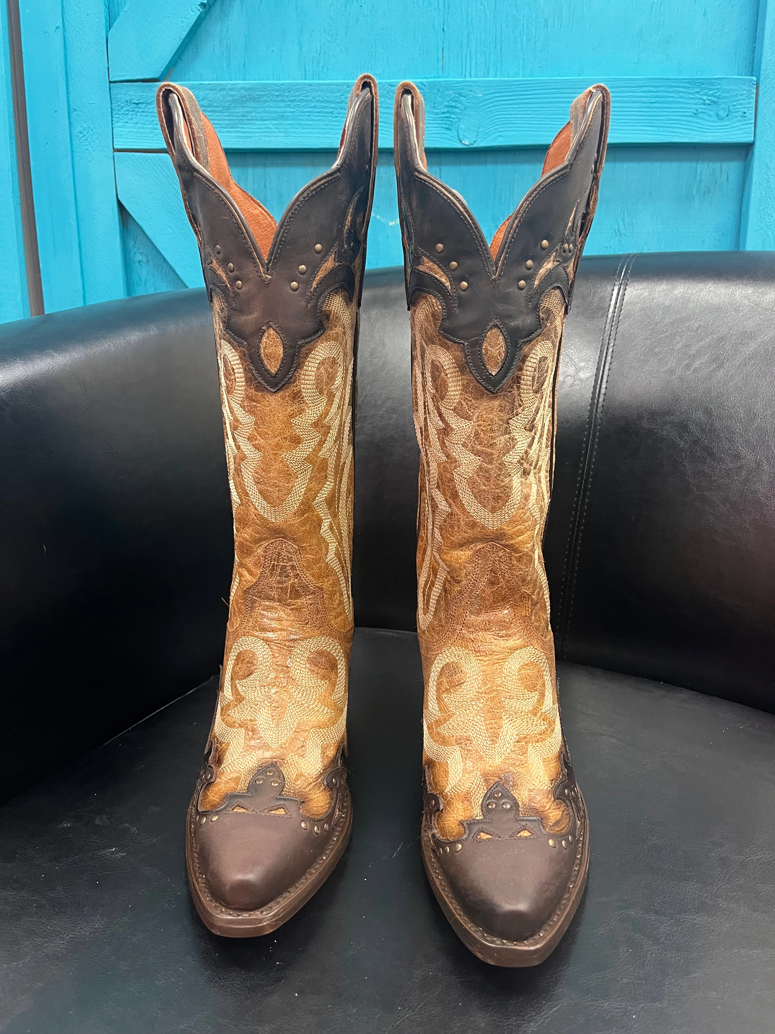 Silent Step Dan Post Women's Joni Tan with Chocolate Overlay Snip Toe Cowgirl Boots DP4203