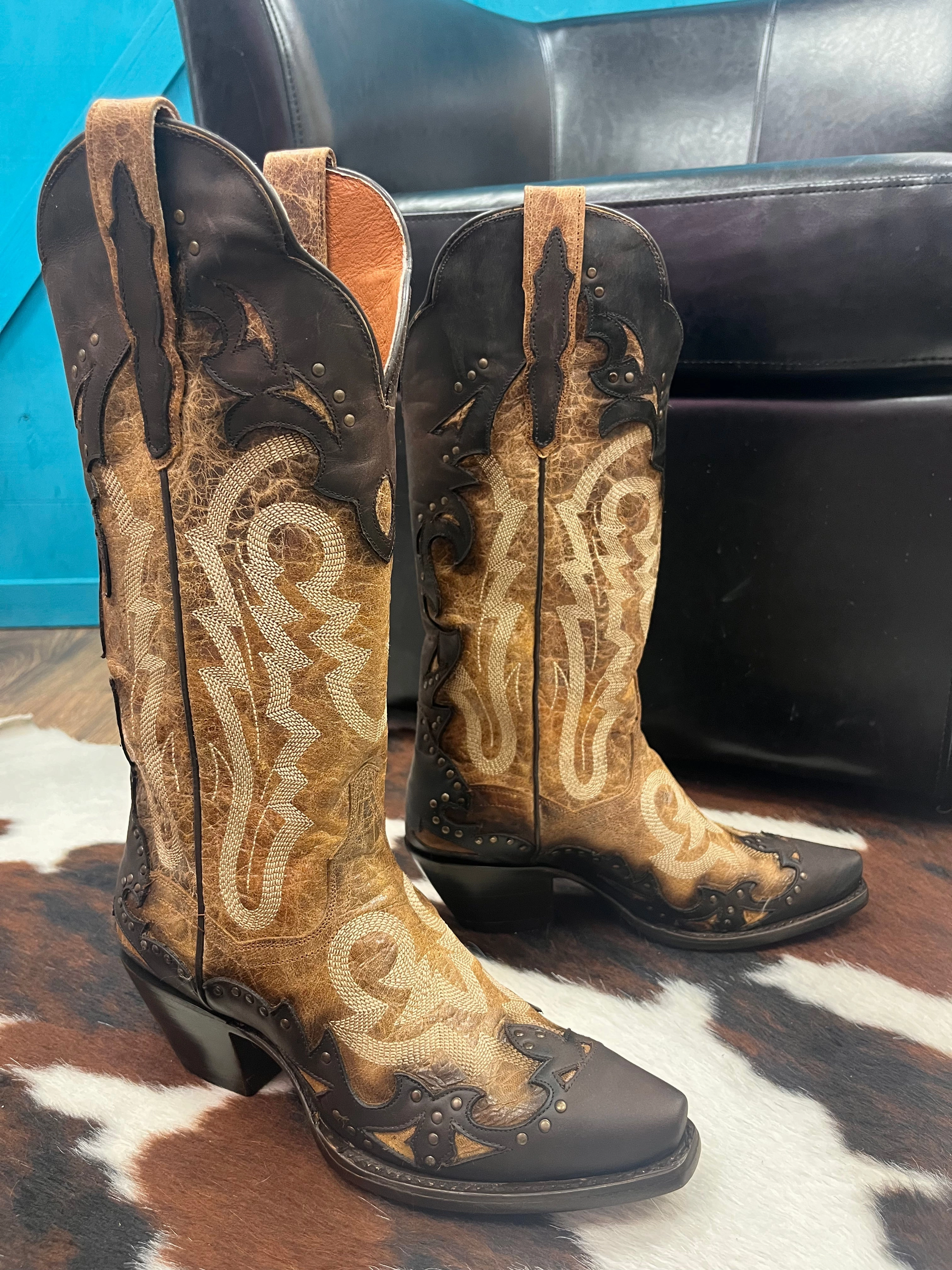 Dan Post Women's Joni Tan with Chocolate Overlay Snip Toe Cowgirl Boots DP4203 Grip Support Extreme Comfort