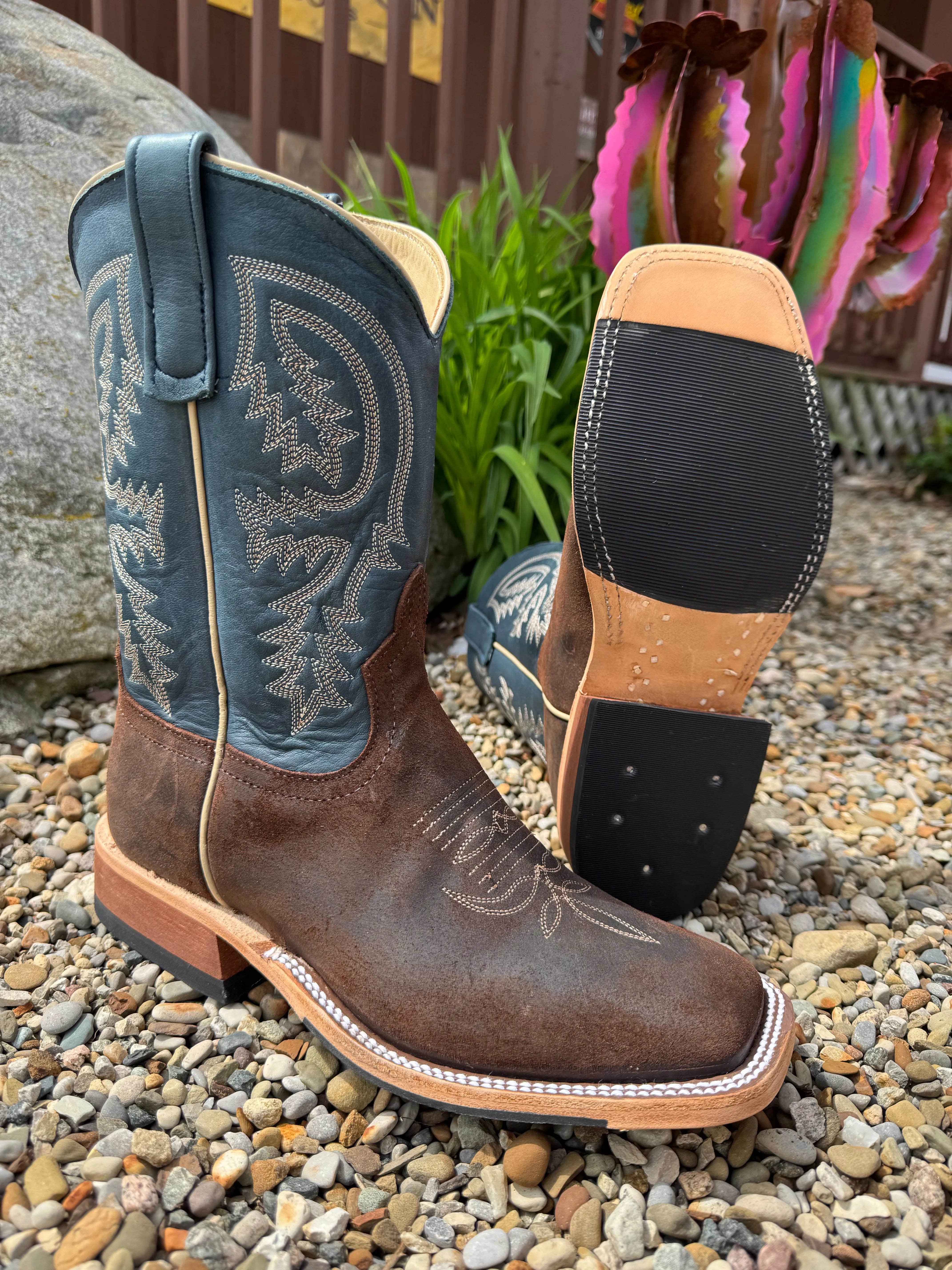 Rock Star Elastic Band Anderson Bean Men's Dark Brown Raiz Waxy Kudu & 10 Blue Petrolia Bella Top Square Toe Cowboy Boots 360687