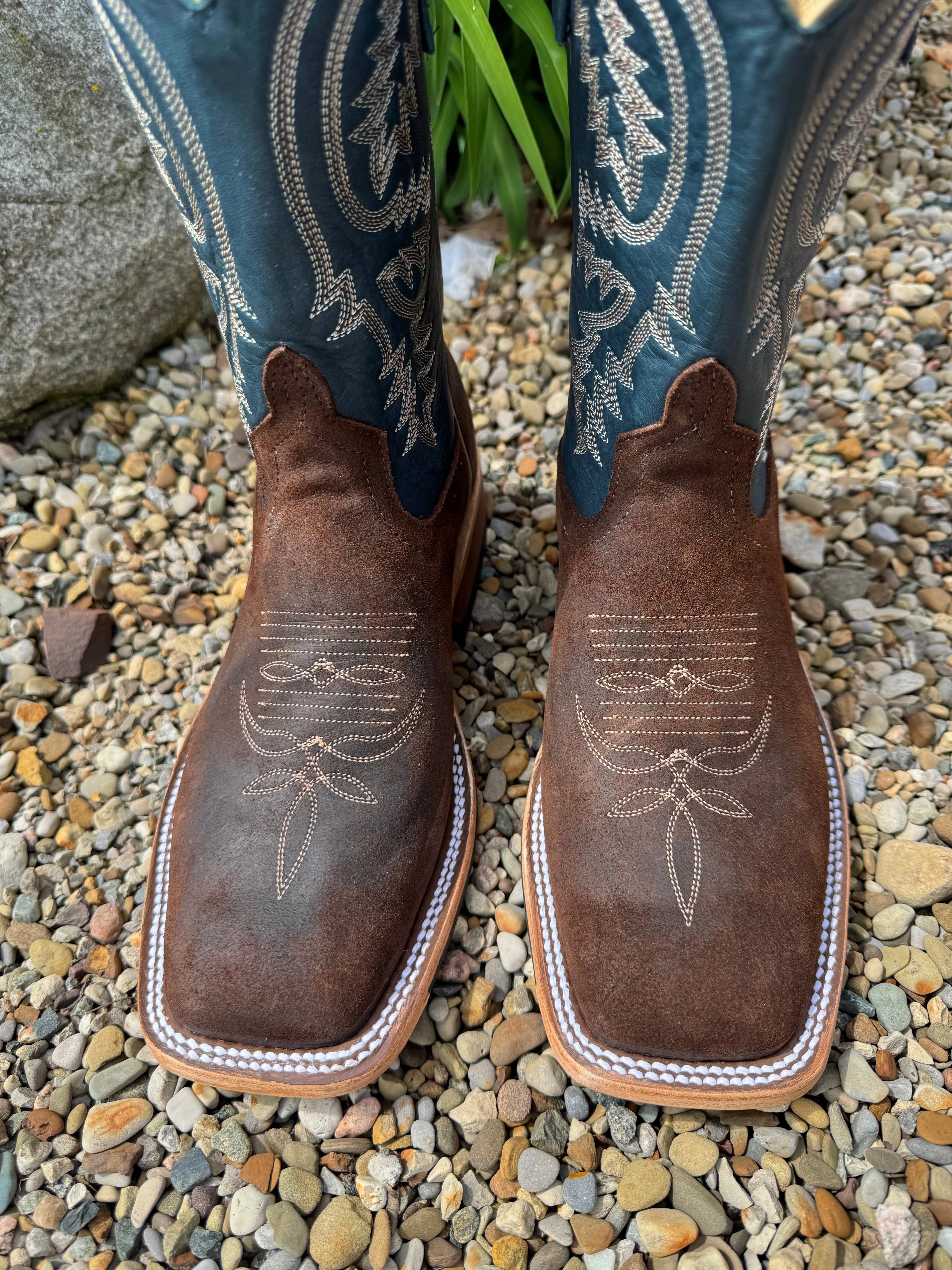 High Performance Stylish Anderson Bean Men's Dark Brown Raiz Waxy Kudu & 10 Blue Petrolia Bella Top Square Toe Cowboy Boots 360687