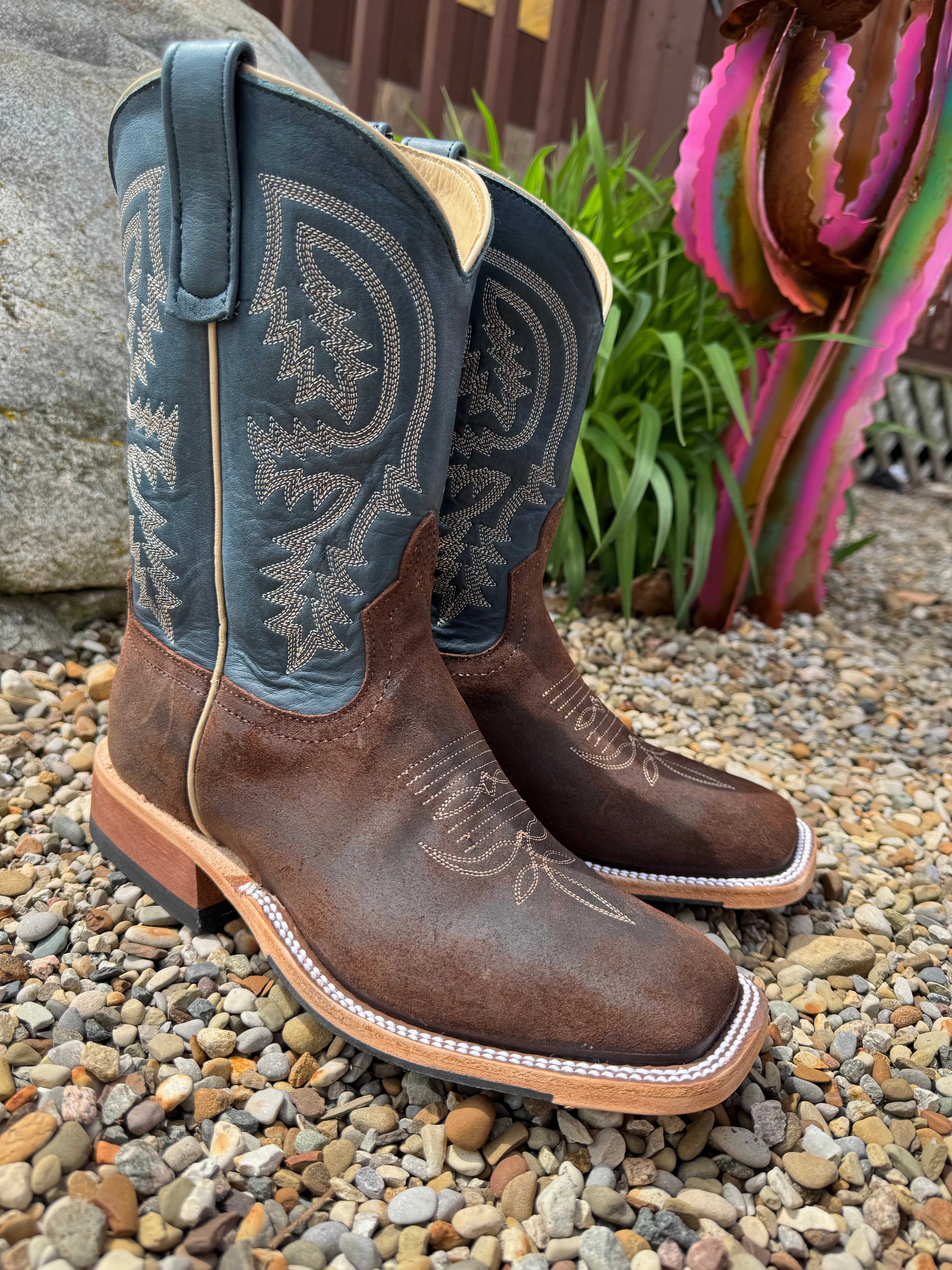 Weekend Trek Footbed Anderson Bean Men's Dark Brown Raiz Waxy Kudu & 10 Blue Petrolia Bella Top Square Toe Cowboy Boots 360687