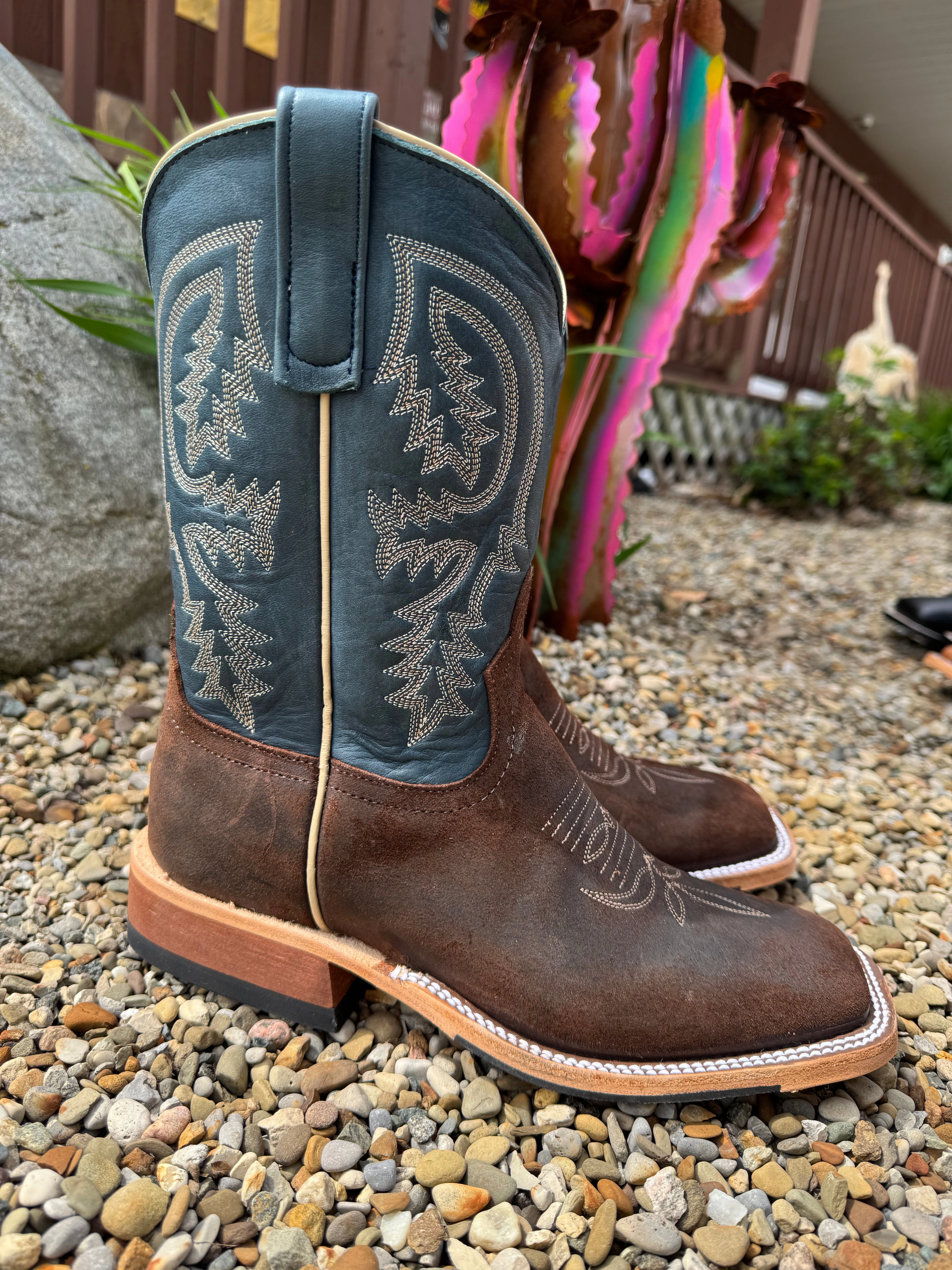 Anderson Bean Men's Dark Brown Raiz Waxy Kudu & 10 Blue Petrolia Bella Top Square Toe Cowboy Boots 360687 Lightweight Sole