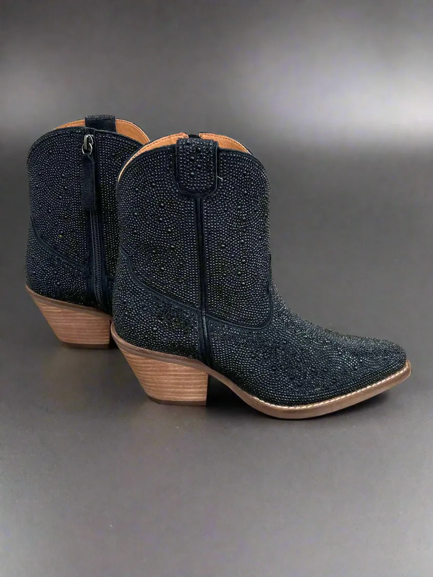 Travel Essential Dingo Women's Black Rhinestone Cowgirl Ankle Booties Fashion Boots DI577-BLK