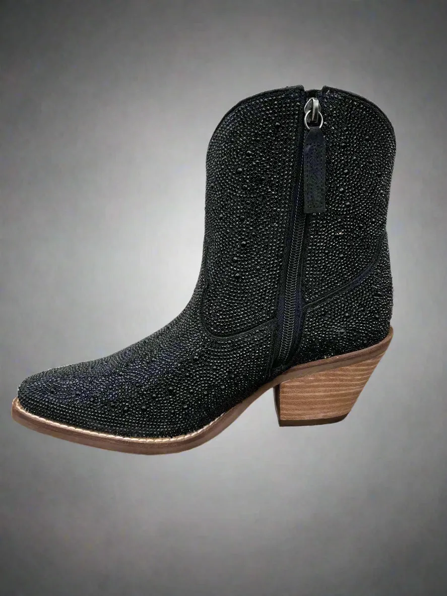 Music Fan Dingo Women's Black Rhinestone Cowgirl Ankle Booties Fashion Boots DI577-BLK