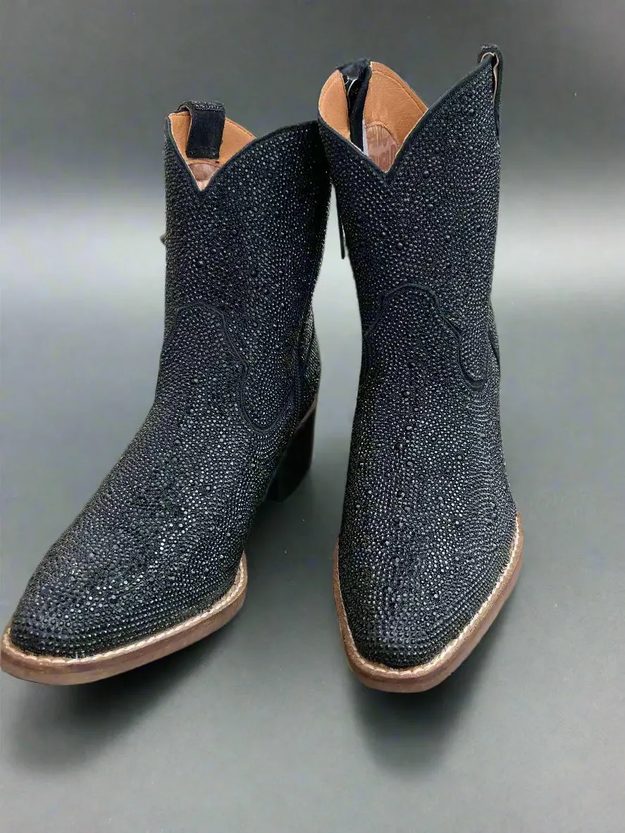 Dingo Women's Black Rhinestone Cowgirl Ankle Booties Fashion Boots DI577-BLK Mid Length