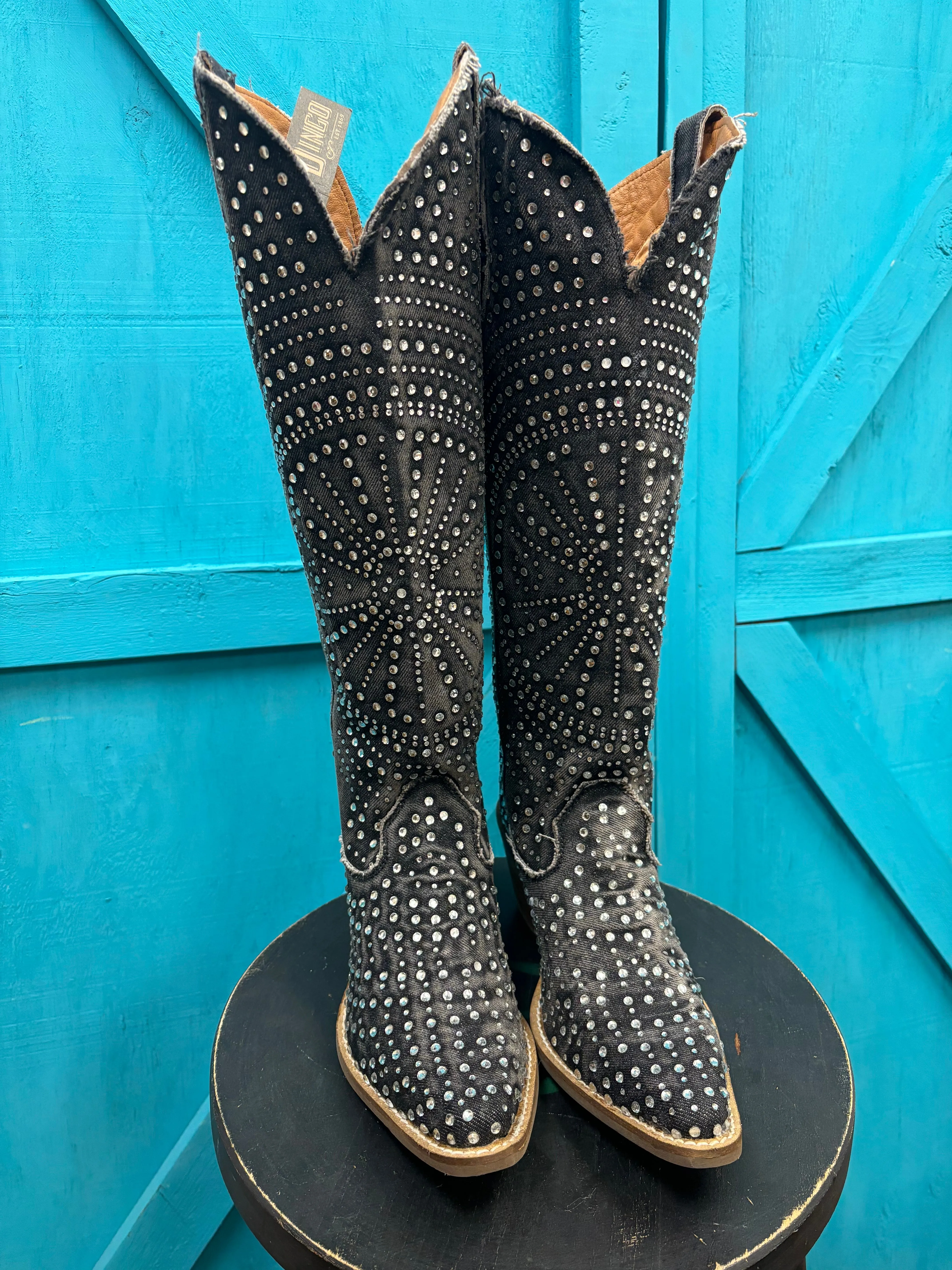 Storm Mode Dingo Women's Honkytonk Honey Black Denim Snip Toe Tall Rhinestone Cowgirl Boots DI162
