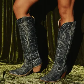 Trendy Protection Dingo Women's Honkytonk Honey Black Denim Snip Toe Tall Rhinestone Cowgirl Boots DI162