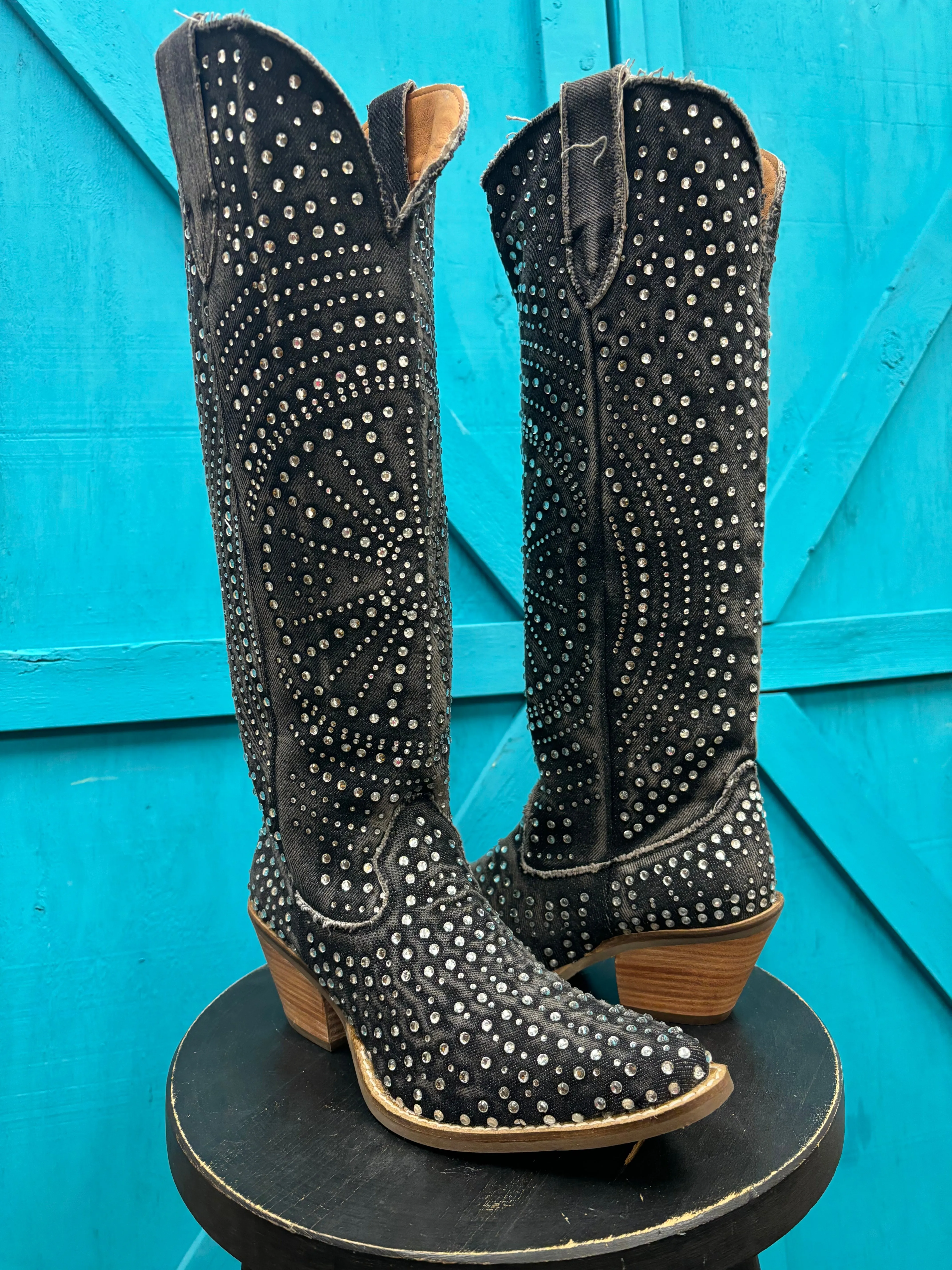 Dingo Women's Honkytonk Honey Black Denim Snip Toe Tall Rhinestone Cowgirl Boots DI162 Narrow Fit Utility Style