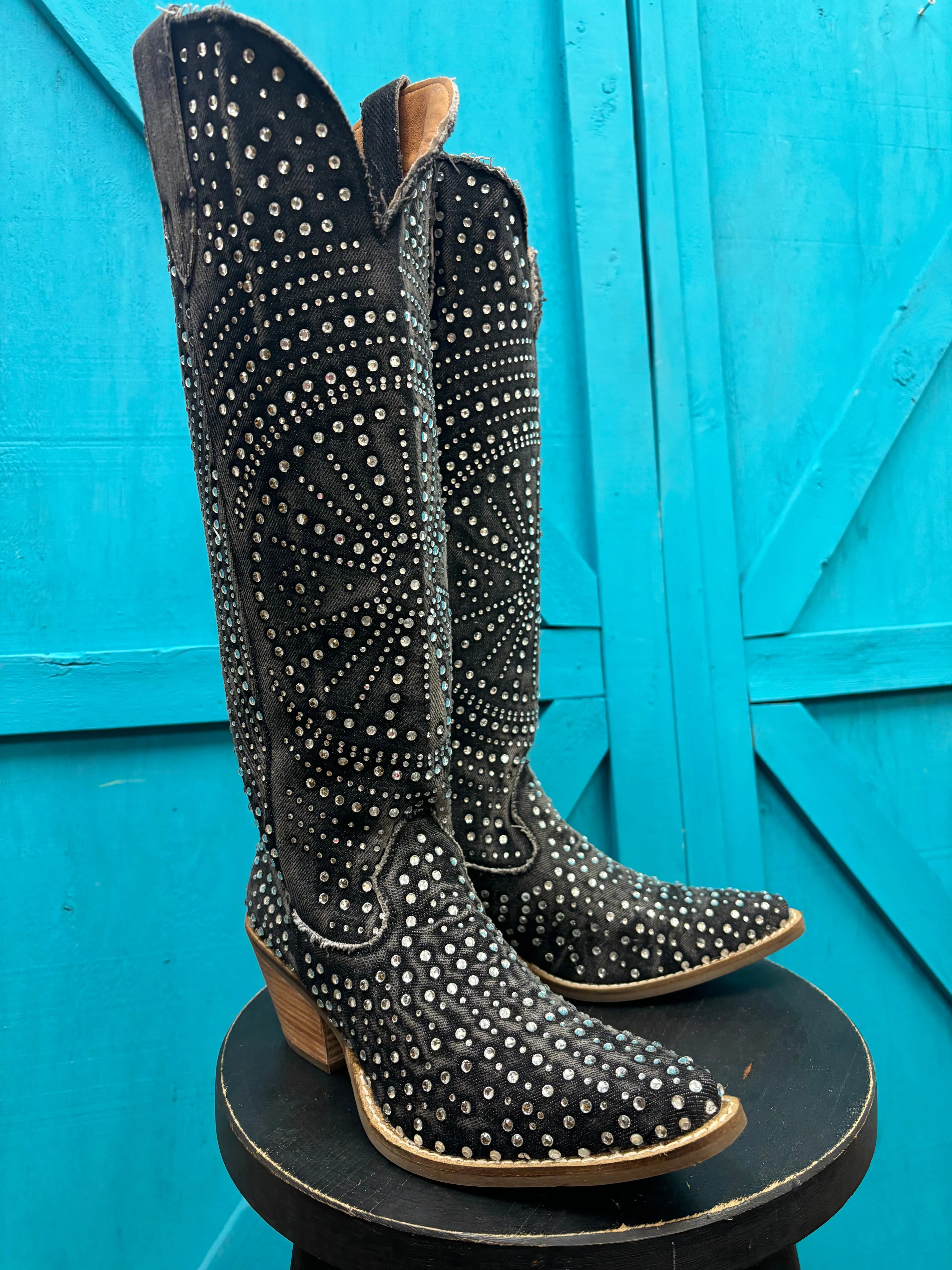 Dingo Women's Honkytonk Honey Black Denim Snip Toe Tall Rhinestone Cowgirl Boots DI162 urban commuting