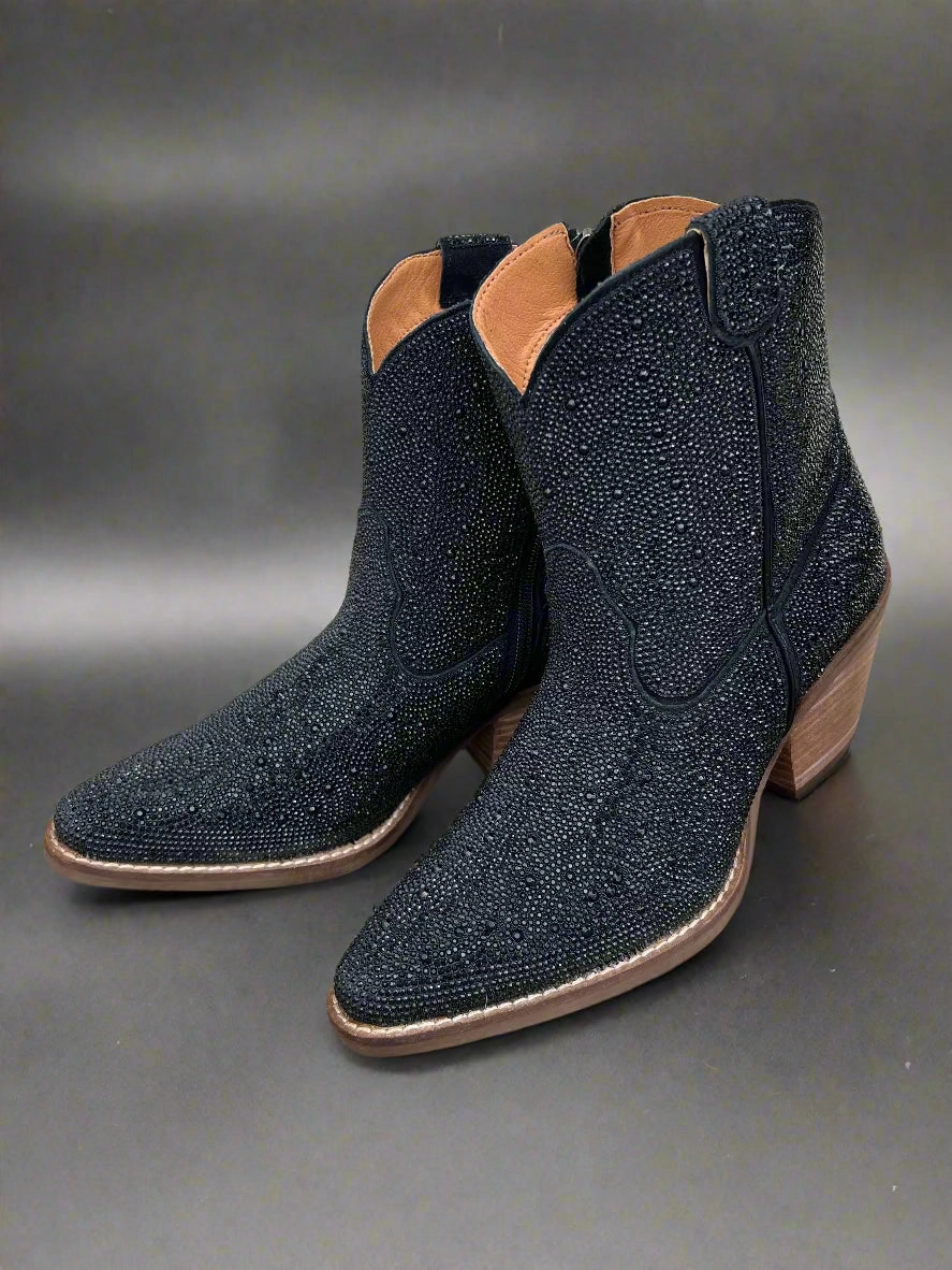Weather Proof Dingo Women's Black Rhinestone Cowgirl Ankle Booties Fashion Boots DI577-BLK