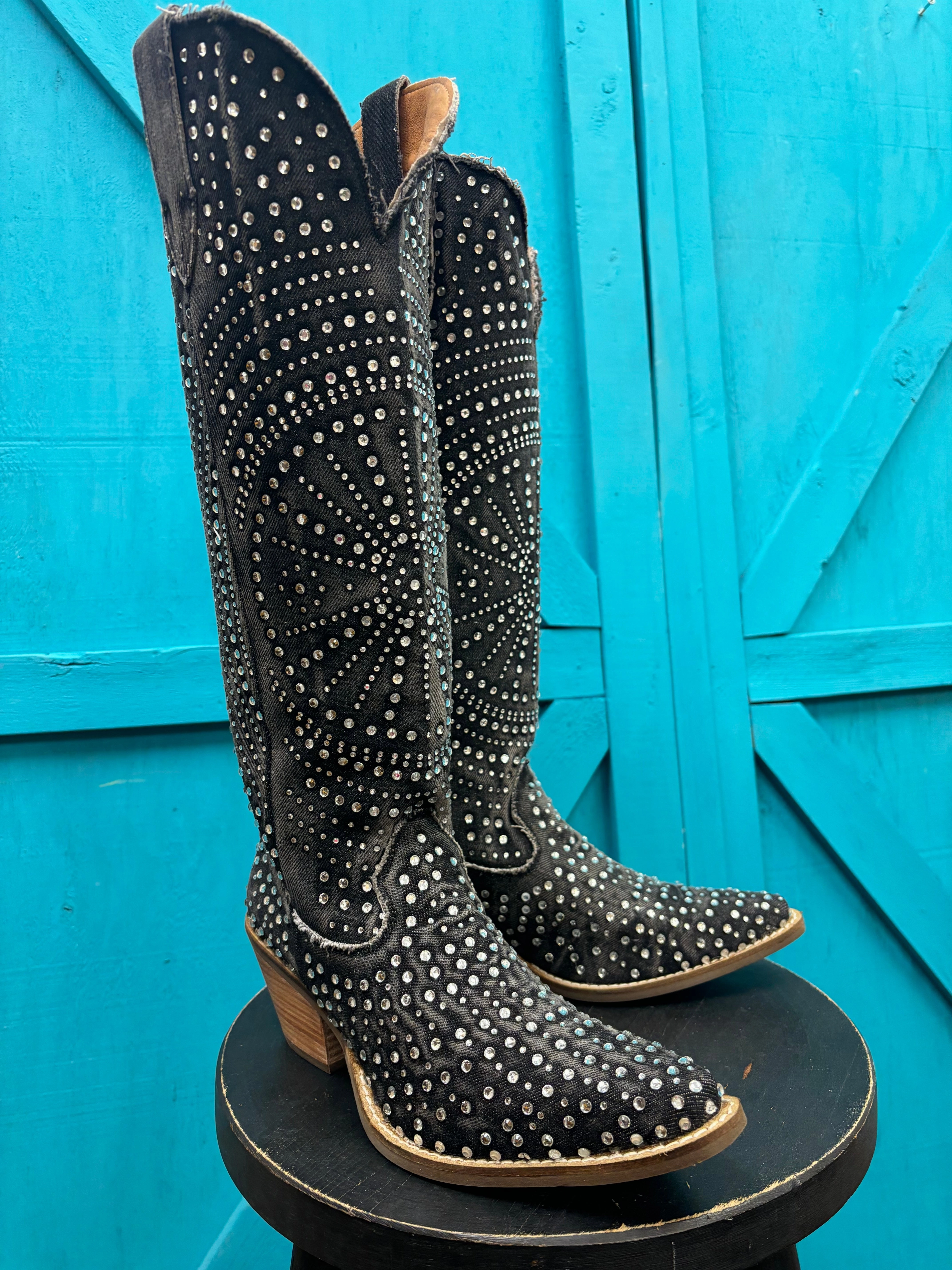 Dingo Women's Honkytonk Honey Black Denim Snip Toe Tall Rhinestone Cowgirl Boots DI162 urban commuting
