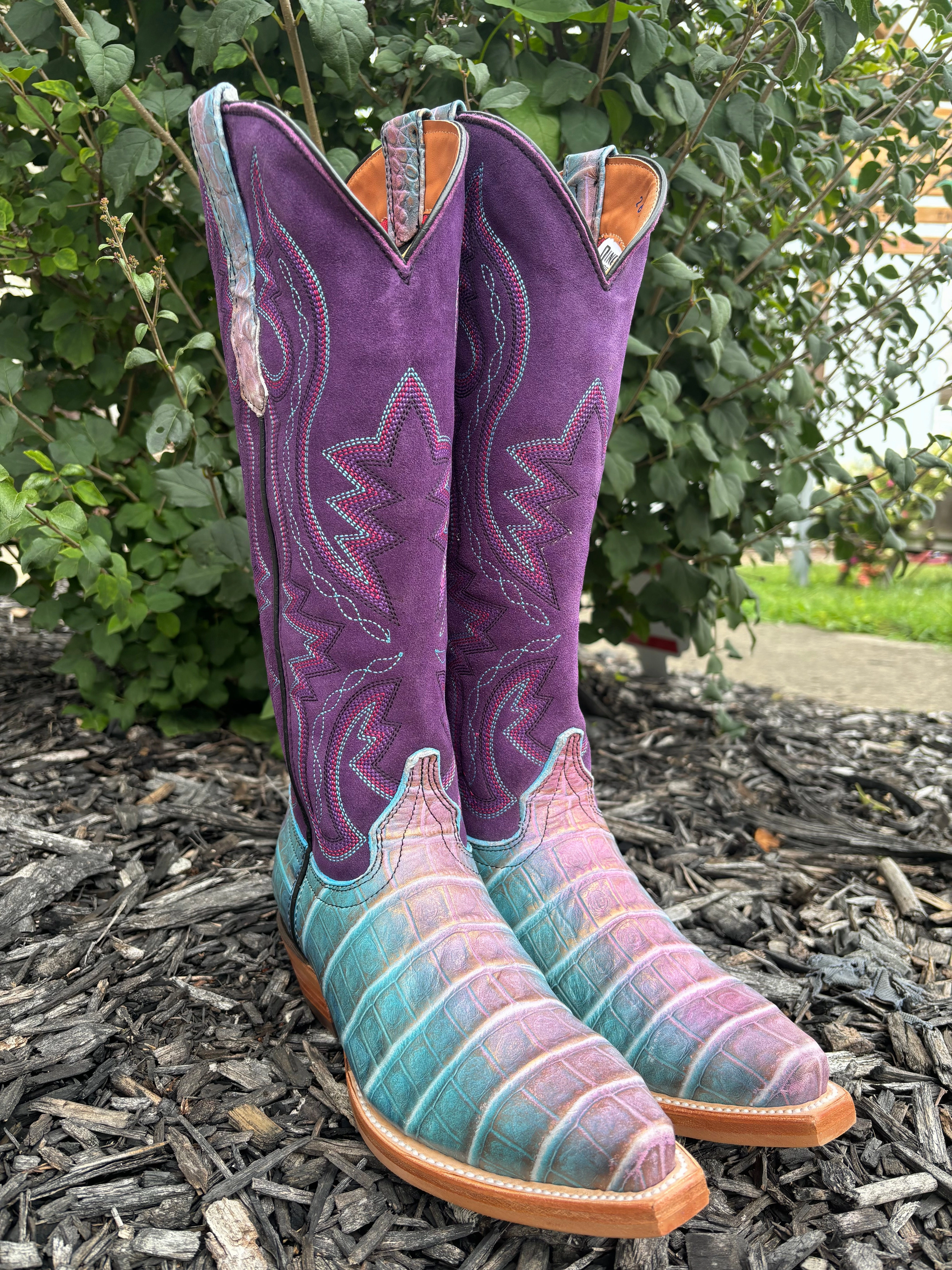 Dingo Women's Royale Caterina Purple Caiman Print Snip Toe Cowgirl Boots DI209 Everyday Protection Patent Glow