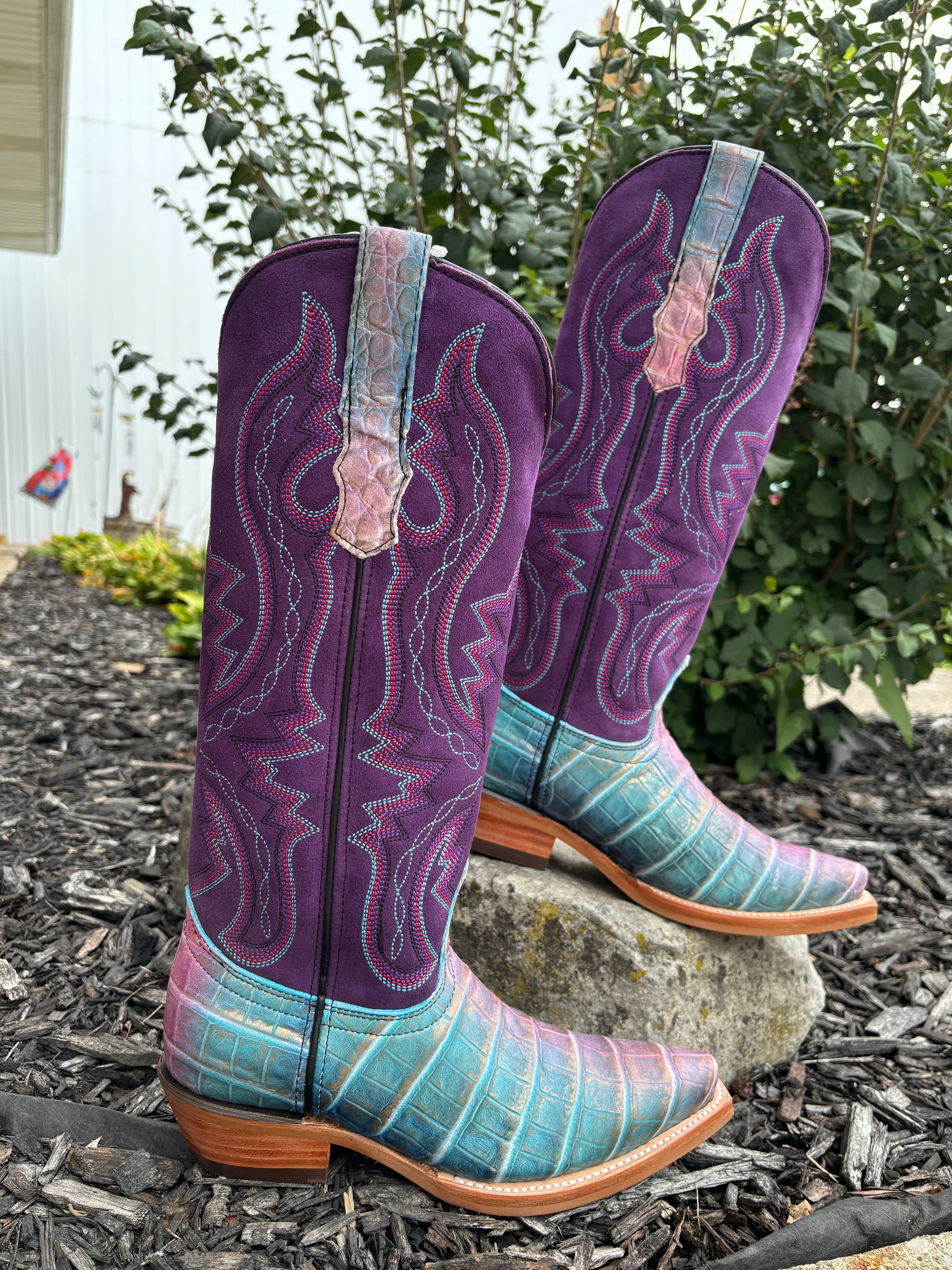 Dingo Women's Royale Caterina Purple Caiman Print Snip Toe Cowgirl Boots DI209 High Heel Effortless Style