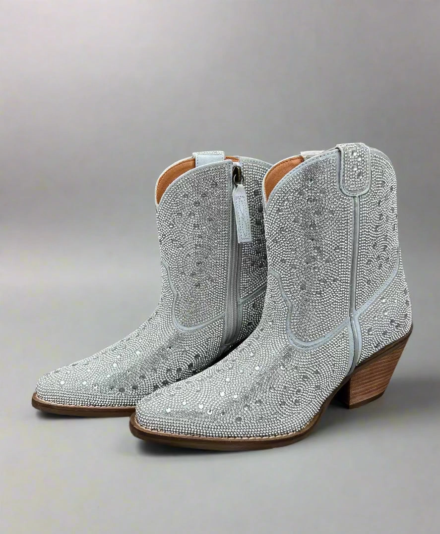 Dingo Women's Silver Rhinestone Cowgirl Ankle Booties DI577-SIL Shock Absorbing