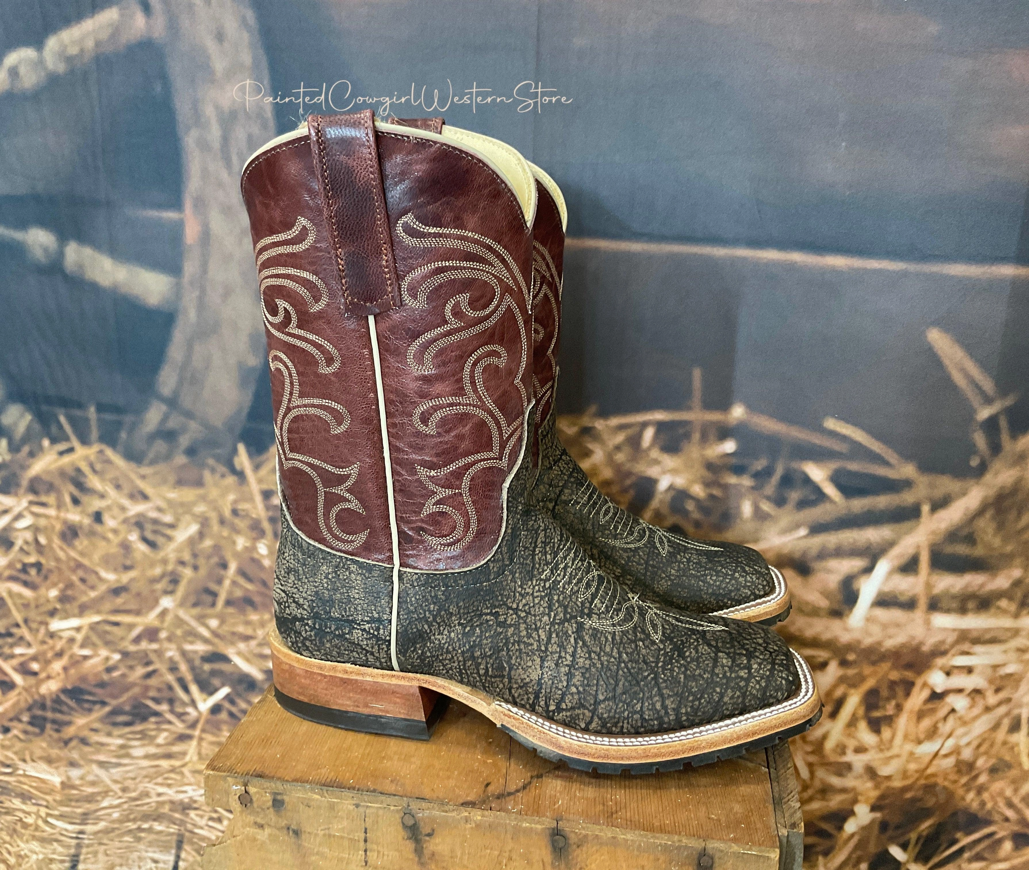 Waterproof Protection Anderson Bean Men's Brown Safari Cape Buffalo & Burgundy Explosion Top Square Toe Cowboy Work Boots 333575