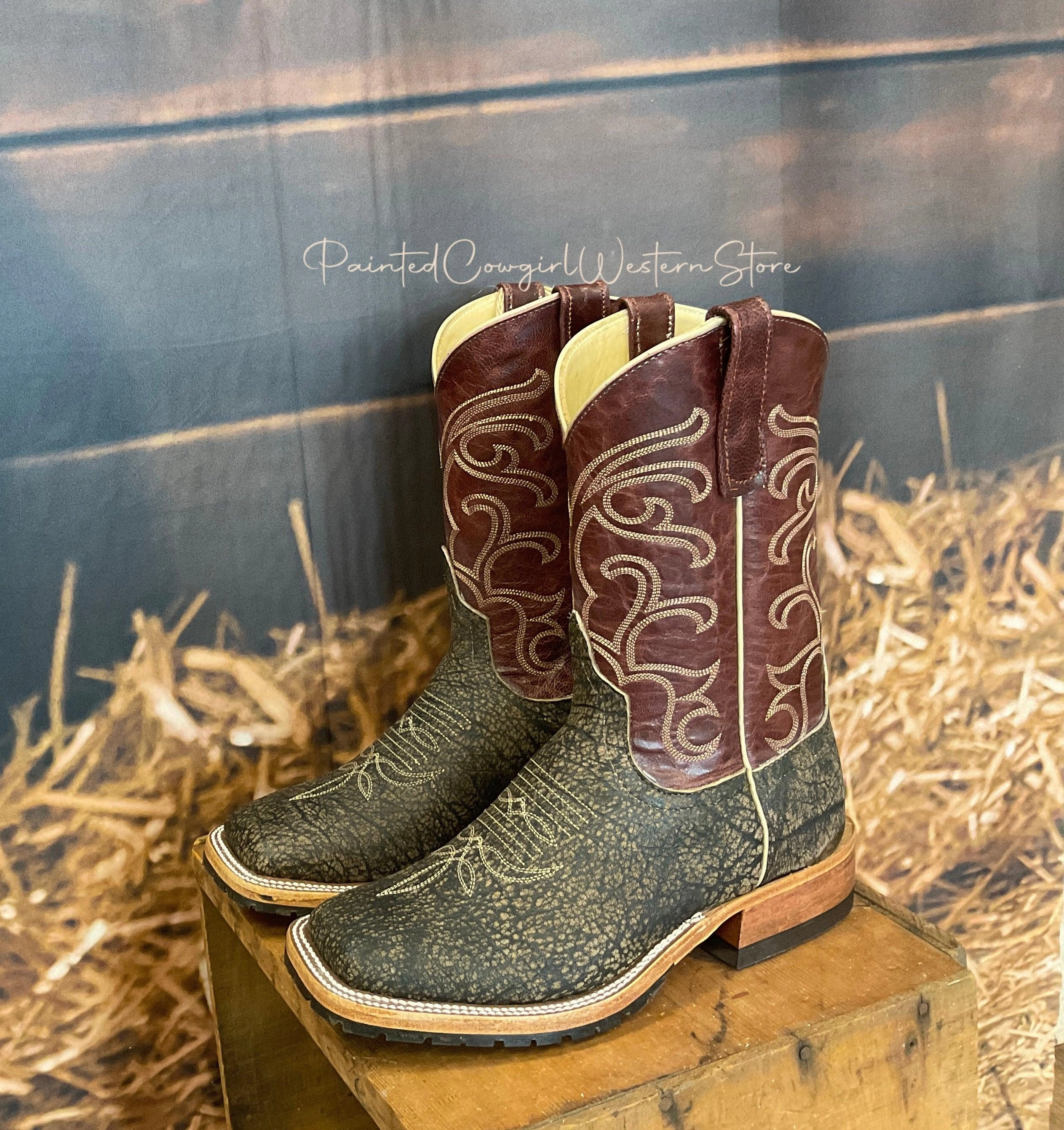 Anderson Bean Men's Brown Safari Cape Buffalo & Burgundy Explosion Top Square Toe Cowboy Work Boots 333575 Love Pair