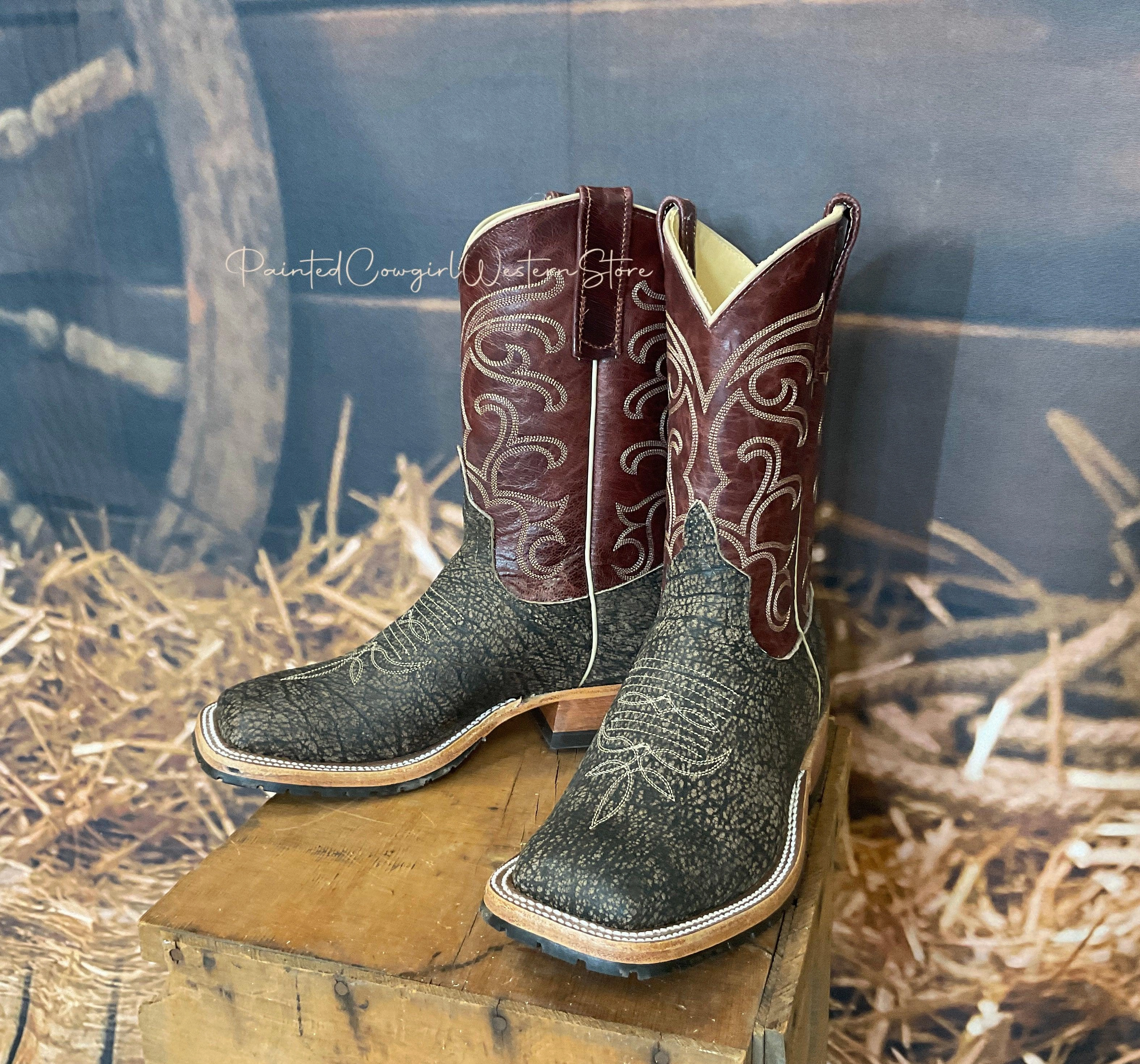 Anderson Bean Men's Brown Safari Cape Buffalo & Burgundy Explosion Top Square Toe Cowboy Work Boots 333575 Mid Top midsole