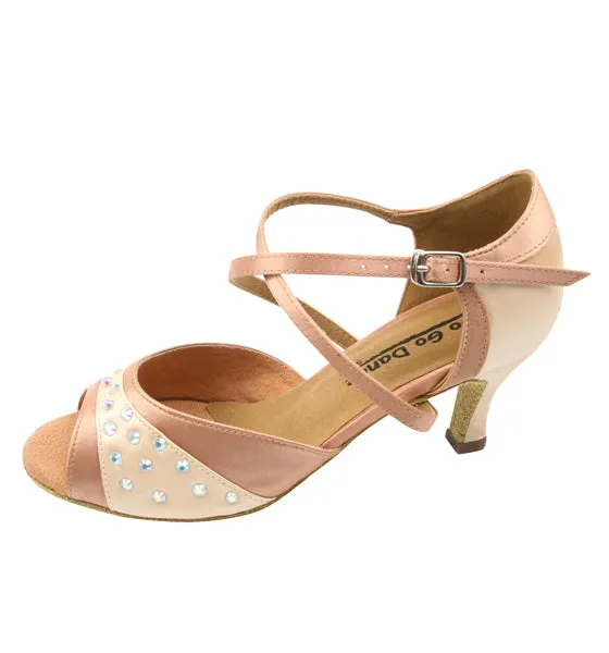 2.5" Doreen -- Flare Heel Latin Sandal -- Tan Satin All Day Travel Light Stretchable