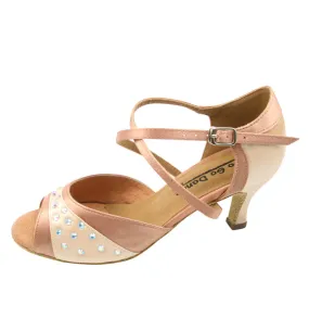 2.5" Doreen -- Flare Heel Latin Sandal -- Tan Satin Comfort Grip