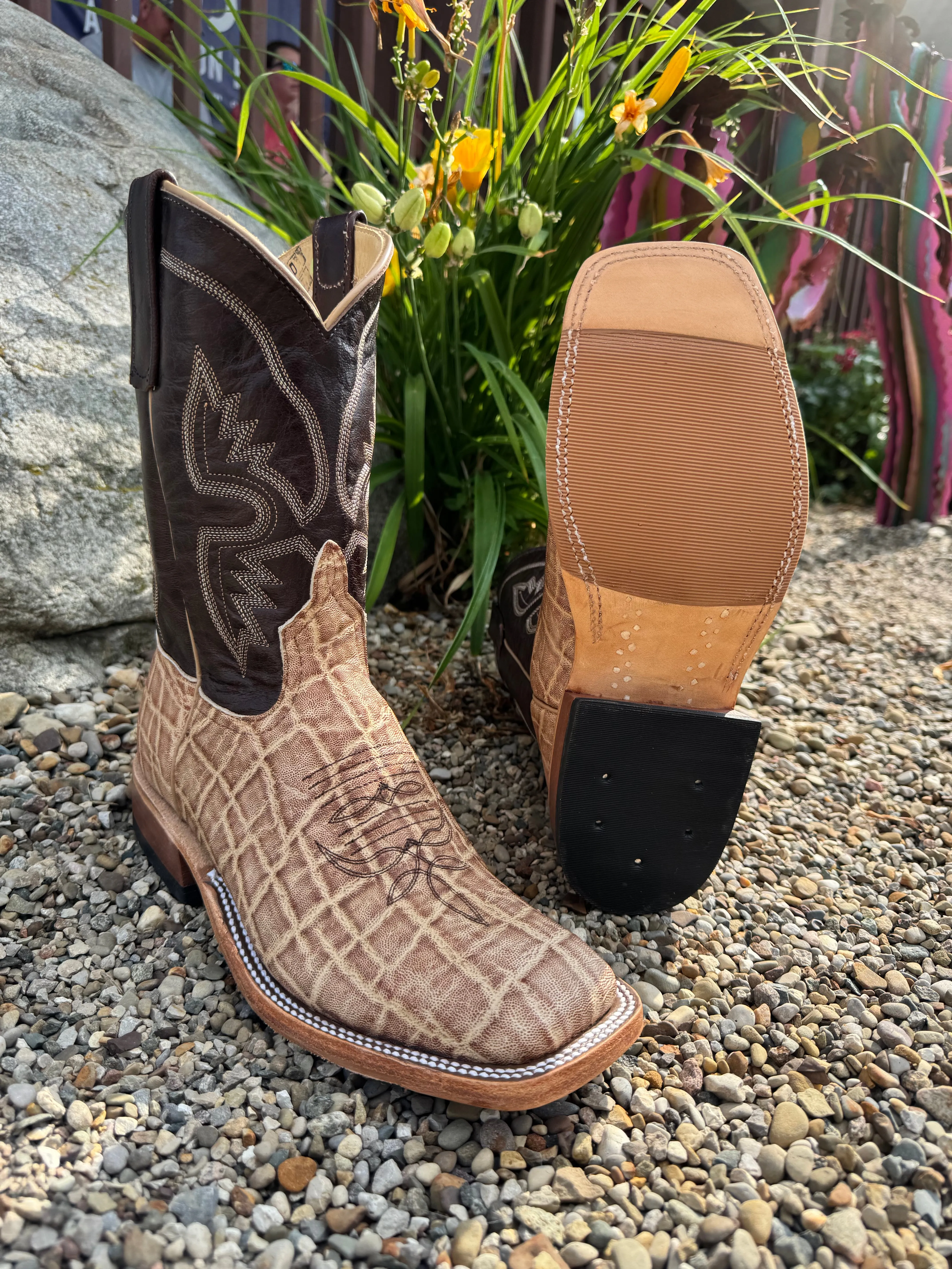 Anderson Bean Men's Light Tan Tipped Elephant & 10 Chocolate Top Square Toe Cowboy Boots 339581 Cozy And Warm Surfer