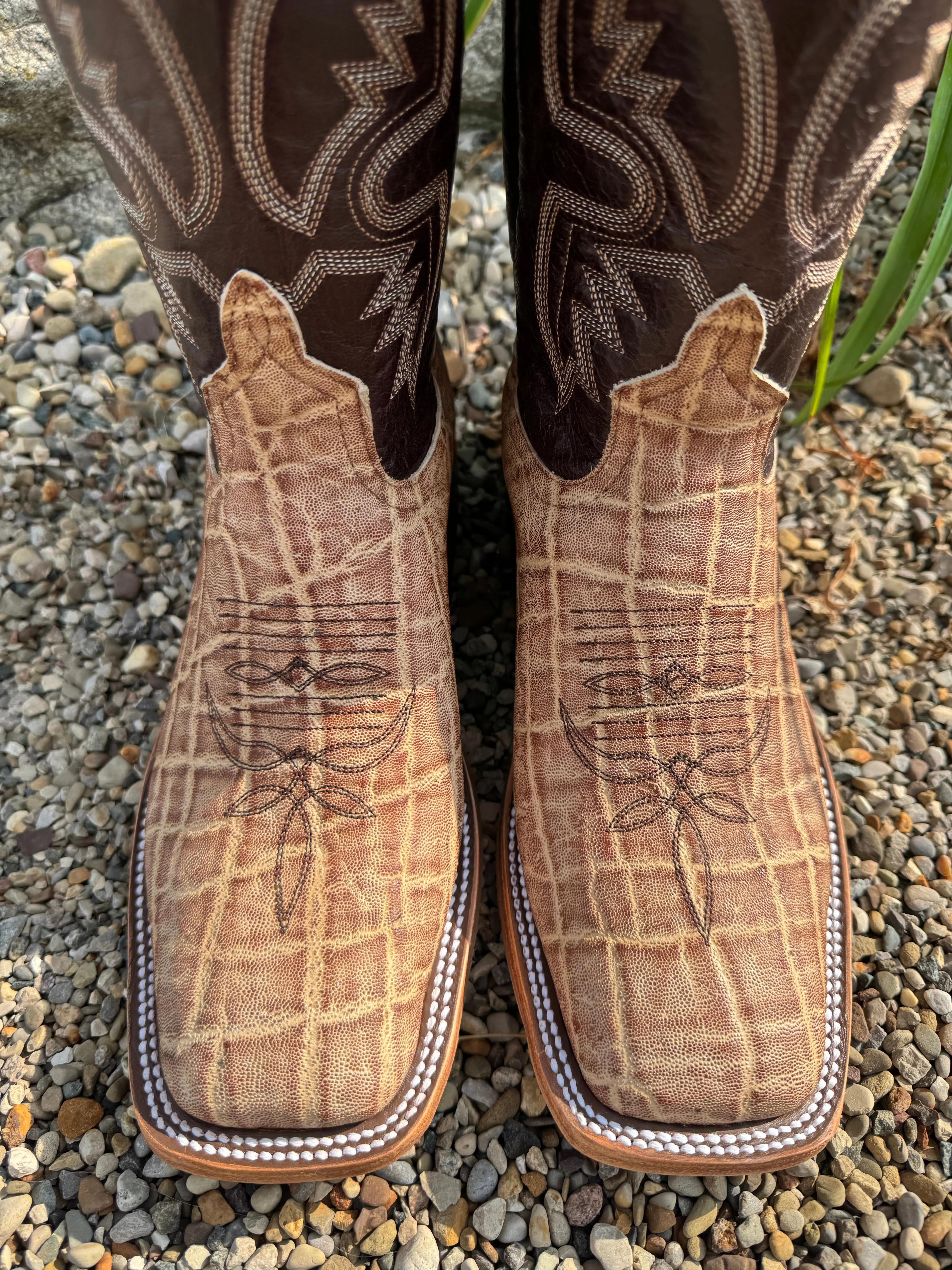 Anderson Bean Men's Light Tan Tipped Elephant & 10 Chocolate Top Square Toe Cowboy Boots 339581 Shopping Lover