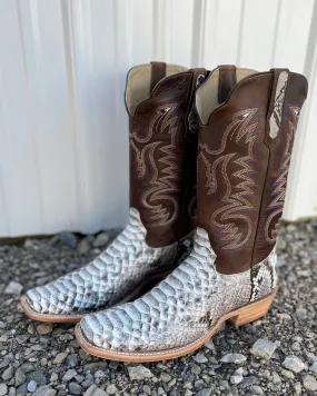 Anti-Friction R. Watson Men's Natural Python Brown & Cream Cutter Toe Cowboy Boots RW7910-1