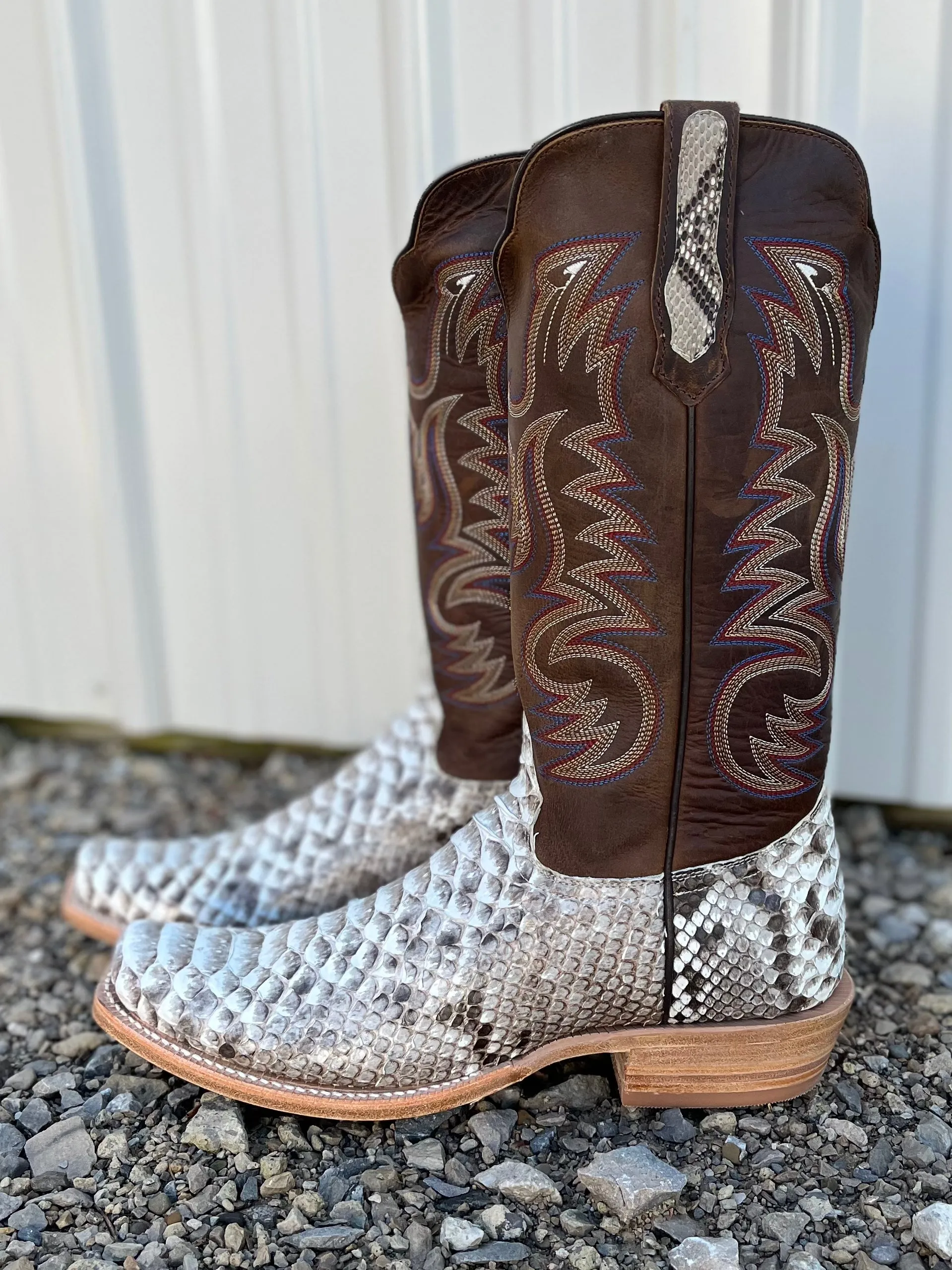 R. Watson Men's Natural Python Brown & Cream Cutter Toe Cowboy Boots RW7910-1 Biker Tough
