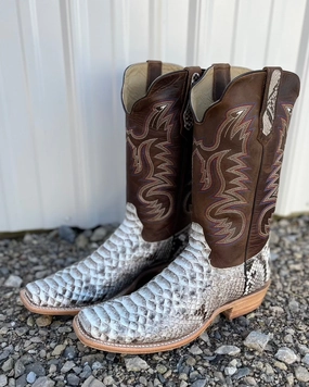 Anti-Friction R. Watson Men's Natural Python Brown & Cream Cutter Toe Cowboy Boots RW7910-1