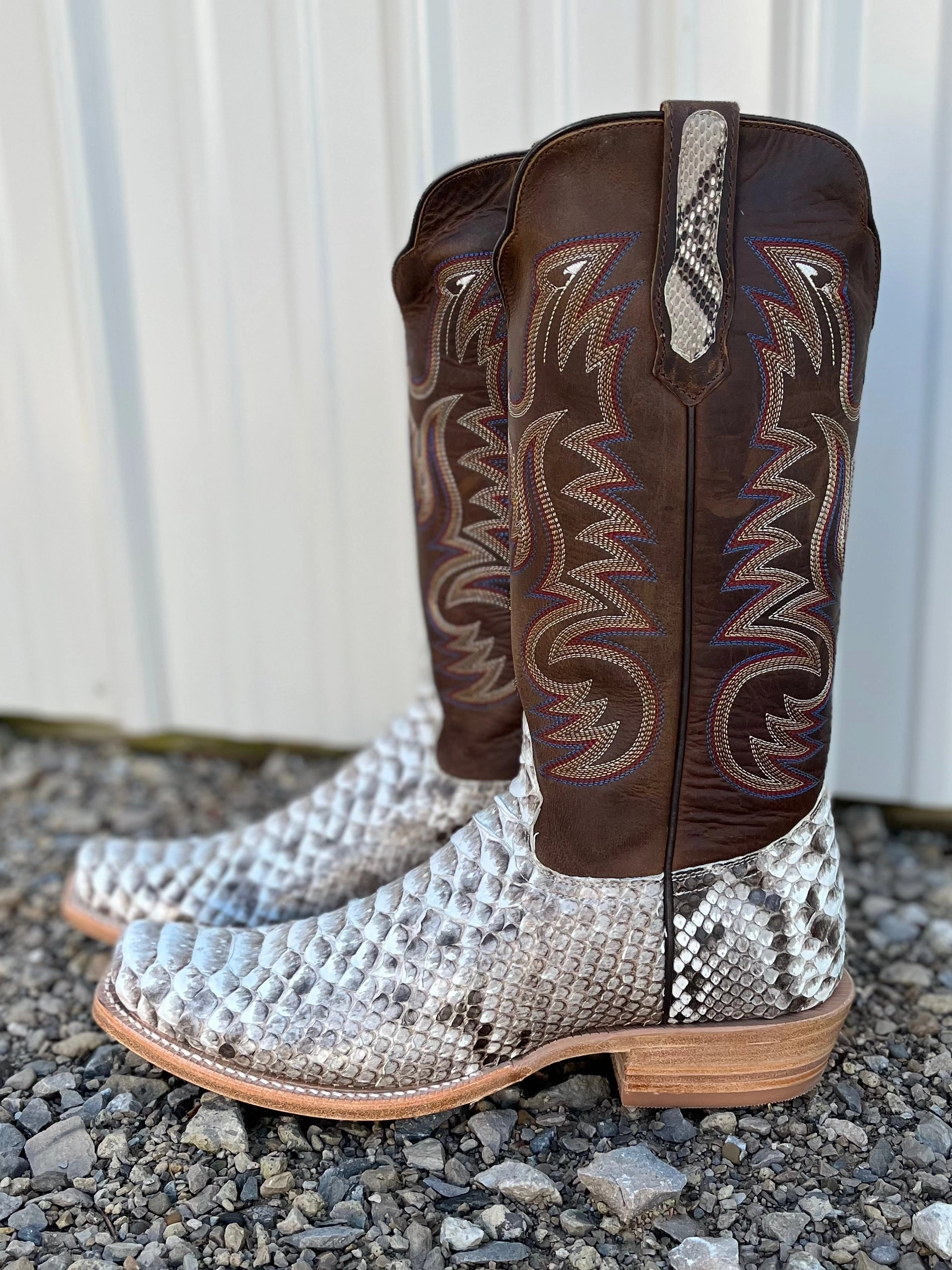 R. Watson Men's Natural Python Brown & Cream Cutter Toe Cowboy Boots RW7910-1 Biker Tough