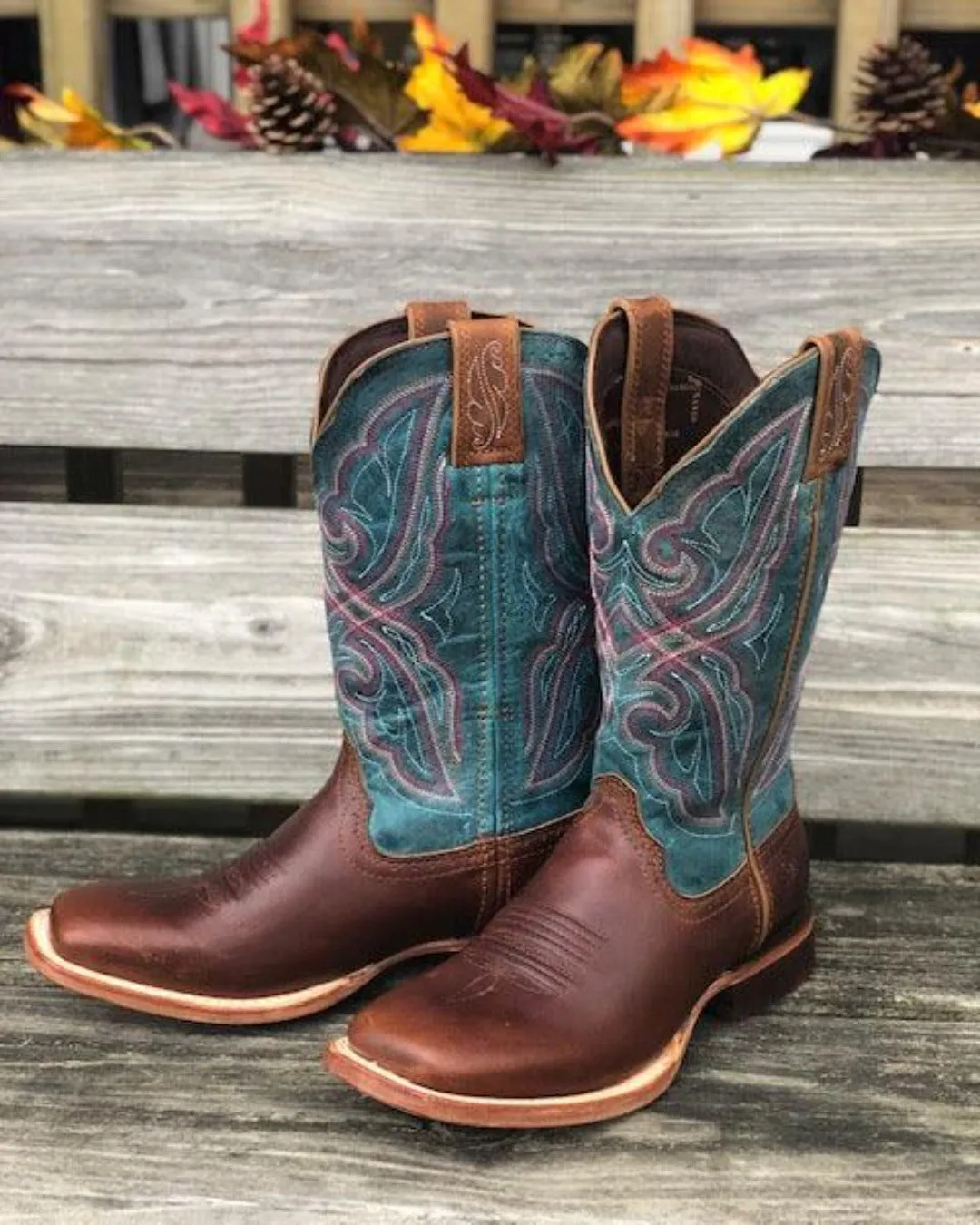Durango Women's Arena Pro Bay Brown & Caribbean Blue Square Toe Cowgirl Boots DRD0381 Soft Leather Weekend Escape
