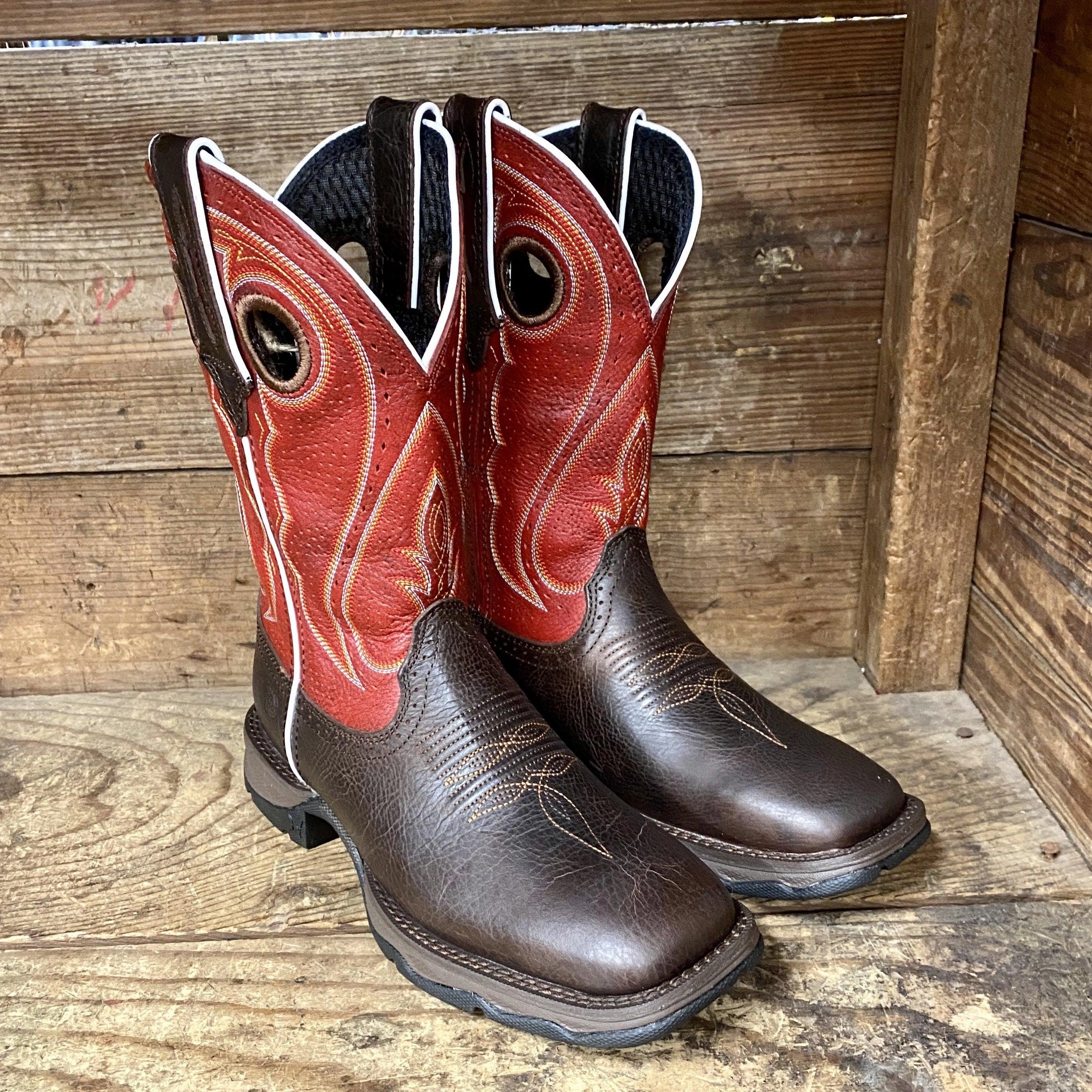 Durango Rebel Women's Crimson Red and Brown Square Toe Cowgirl Boots DRD0408 Heavy Duty Support Chain Touch