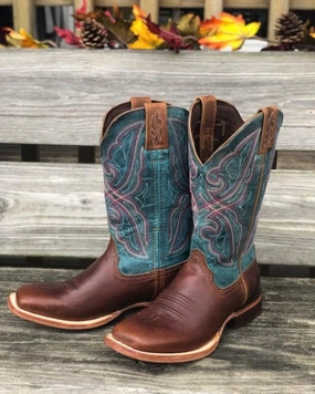 Durango Women's Arena Pro Bay Brown & Caribbean Blue Square Toe Cowgirl Boots DRD0381 Soft Leather Weekend Escape