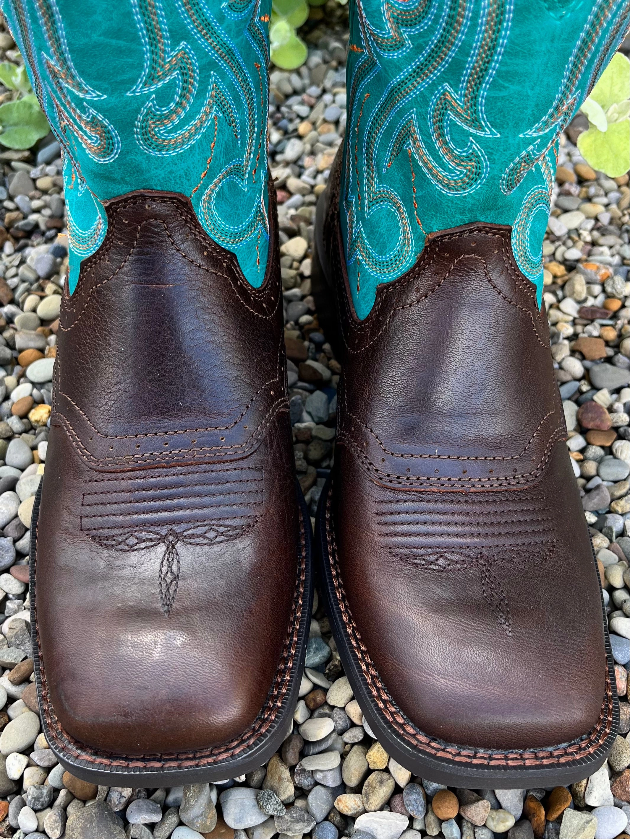 Reliable Performance Protective Build Durango Women Westward Hickory Brown & Turquoise Square Toe Boot DRD0446