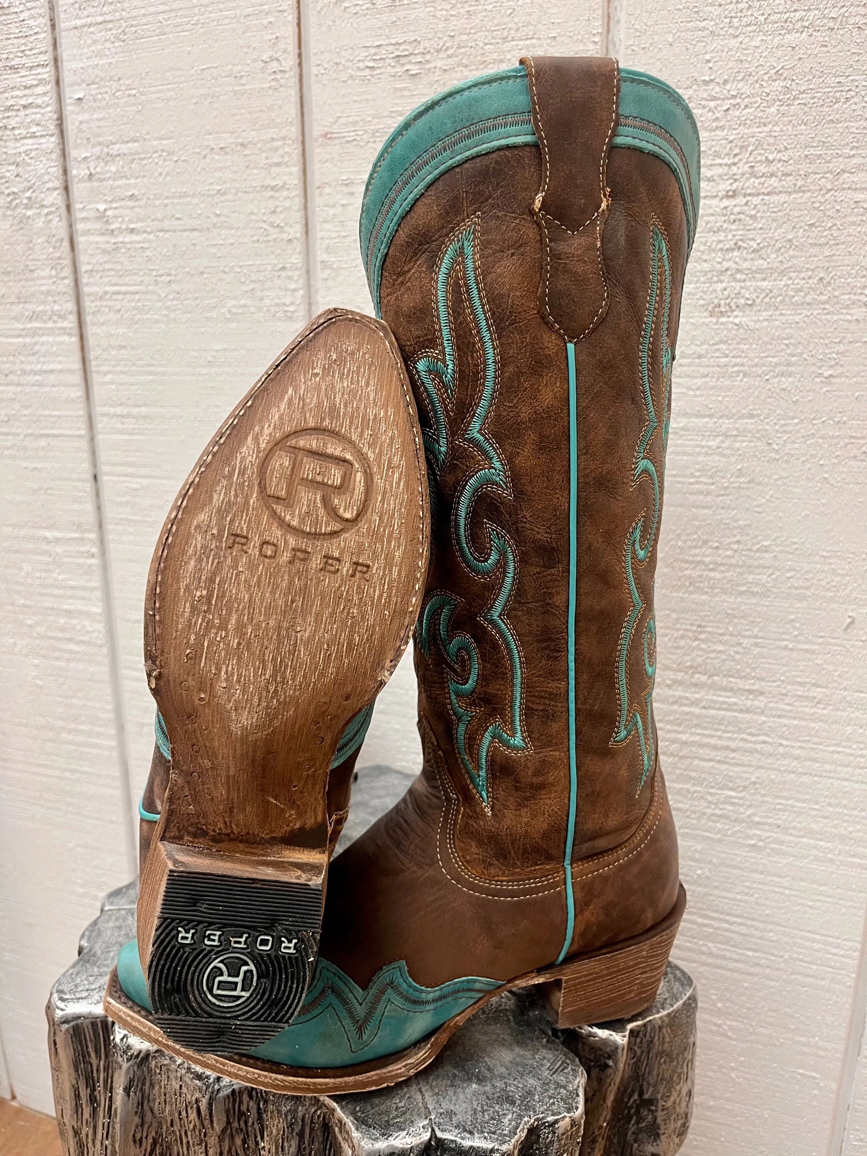 Roper Women's Shyla Brown with Turquoise Wing Tip Overlay Snip Toe Cowgirl Boots 7628-8587 Transitional Style