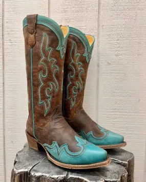 Roper Women's Shyla Brown with Turquoise Wing Tip Overlay Snip Toe Cowgirl Boots 7628-8587 Vintage Vibe
