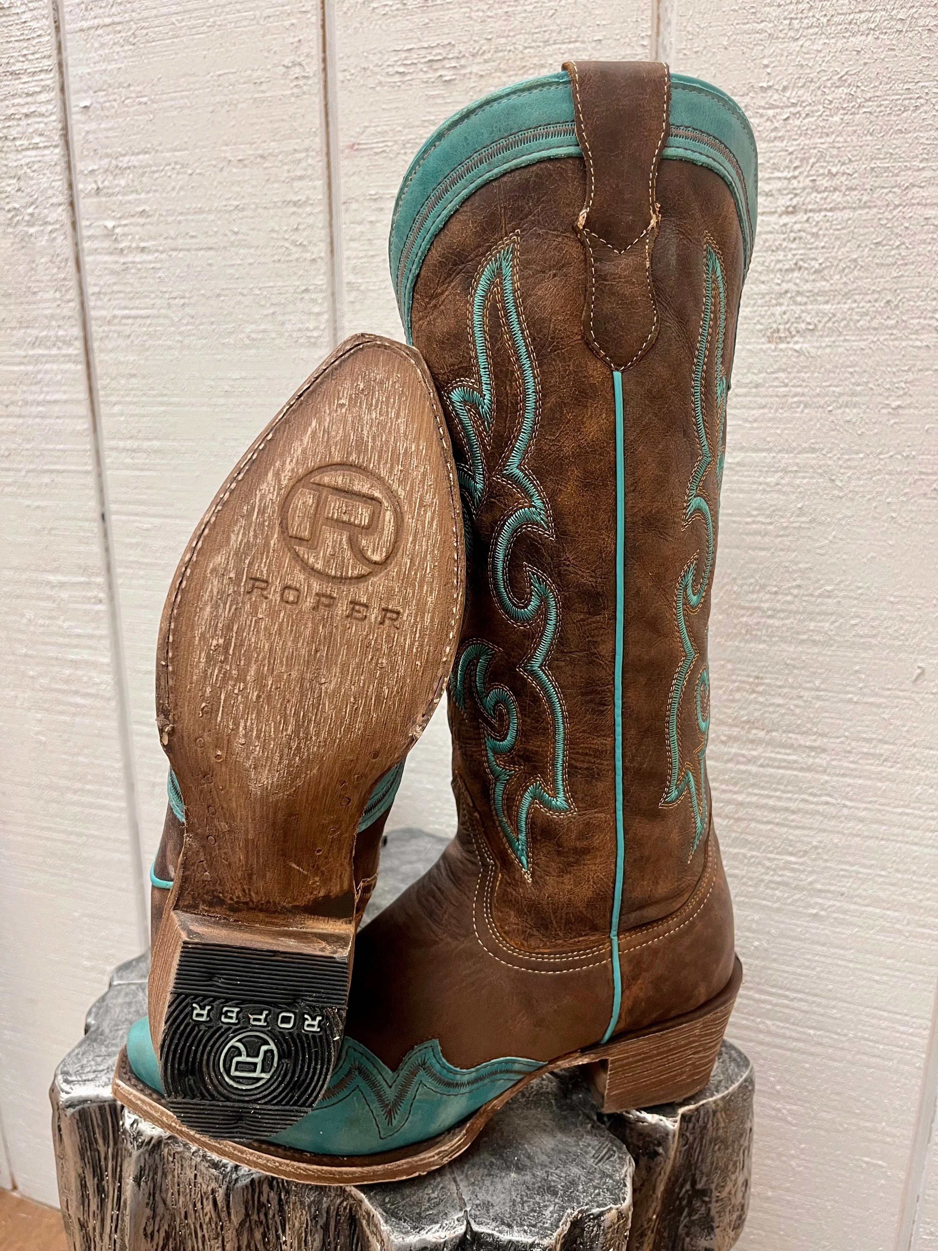 Roper Women's Shyla Brown with Turquoise Wing Tip Overlay Snip Toe Cowgirl Boots 7628-8587 Transitional Style