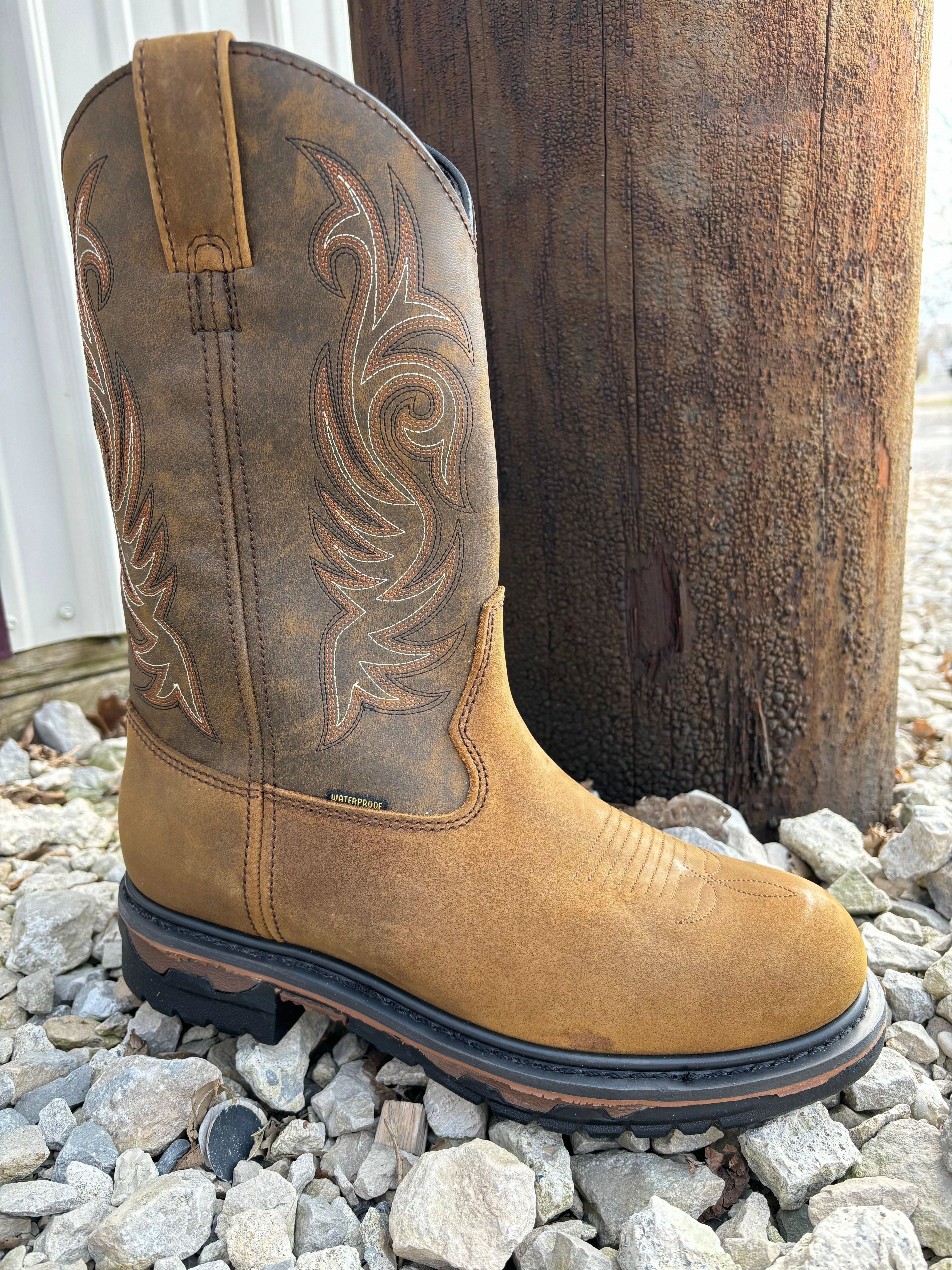 Laredo Men's Tan Leather Hammer Waterproof Round Toe Western Work Boot 68112 Weekend Trek Ski Enthusiast