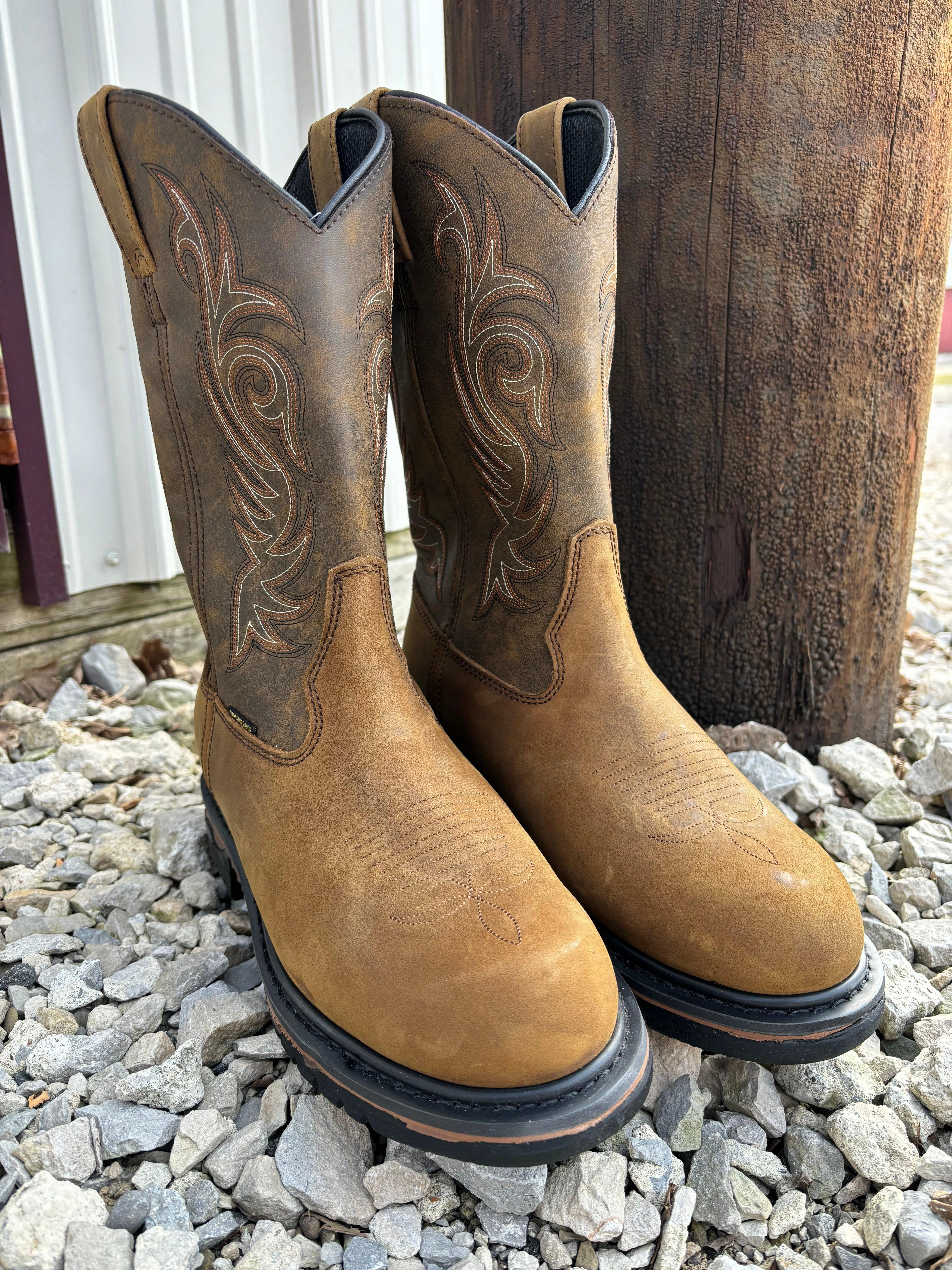 Travel Ready dry surface Laredo Men's Tan Leather Hammer Waterproof Round Toe Western Work Boot 68112