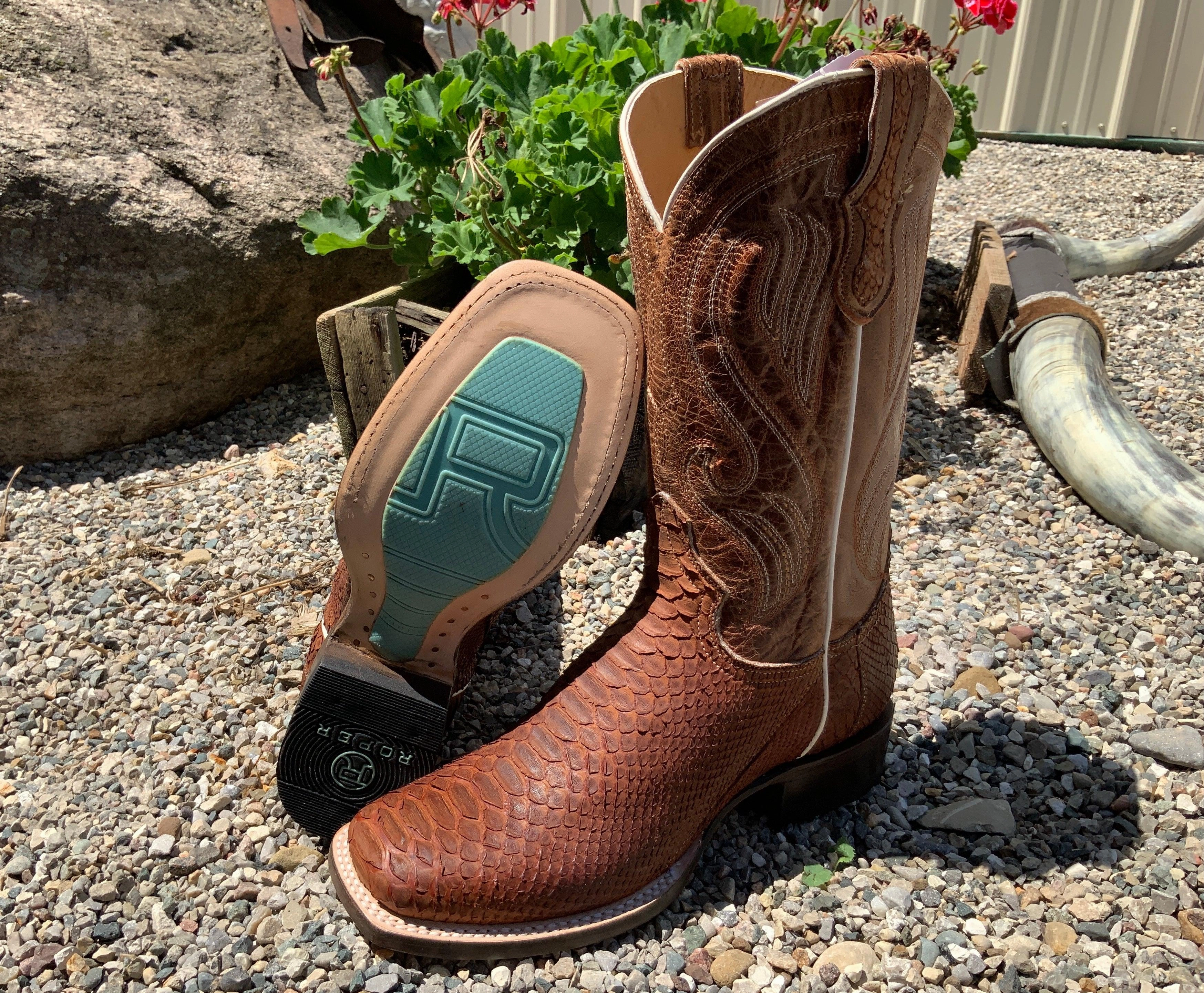 Roper Women's Cognac Brown Genuine Python Square Toe Cowgirl Boot 6510-8225 Pure Joy Rain Terrain