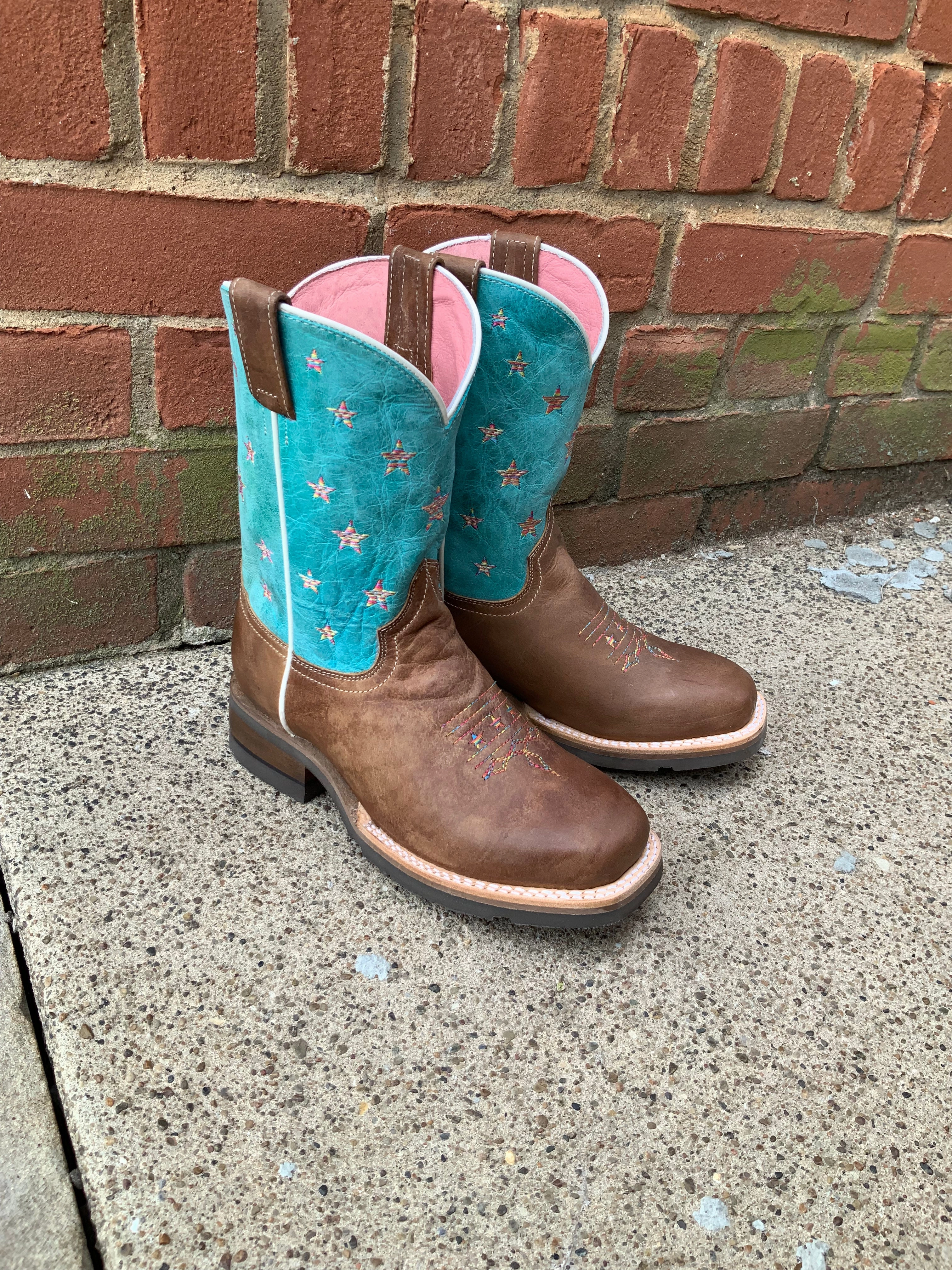 Roper Girl's Turquoise Star Design Square Toe Cowgirl Boots 7023-8405 Comfort Step Good Arch Support
