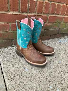 Roper Girl's Turquoise Star Design Square Toe Cowgirl Boots 7023-8405 Comfort Step Good Arch Support