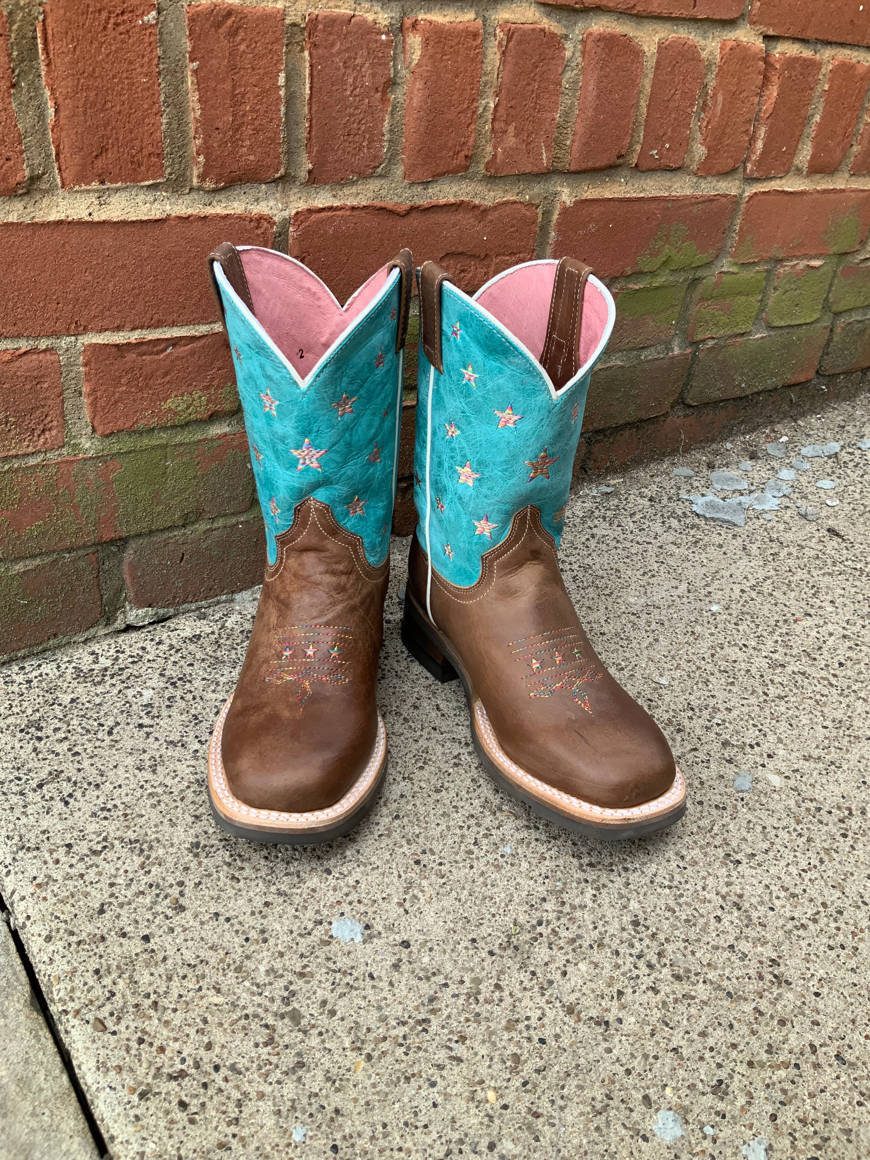 Roper Girl's Turquoise Star Design Square Toe Cowgirl Boots 7023-8405 Punk Bold Adjustable Fit