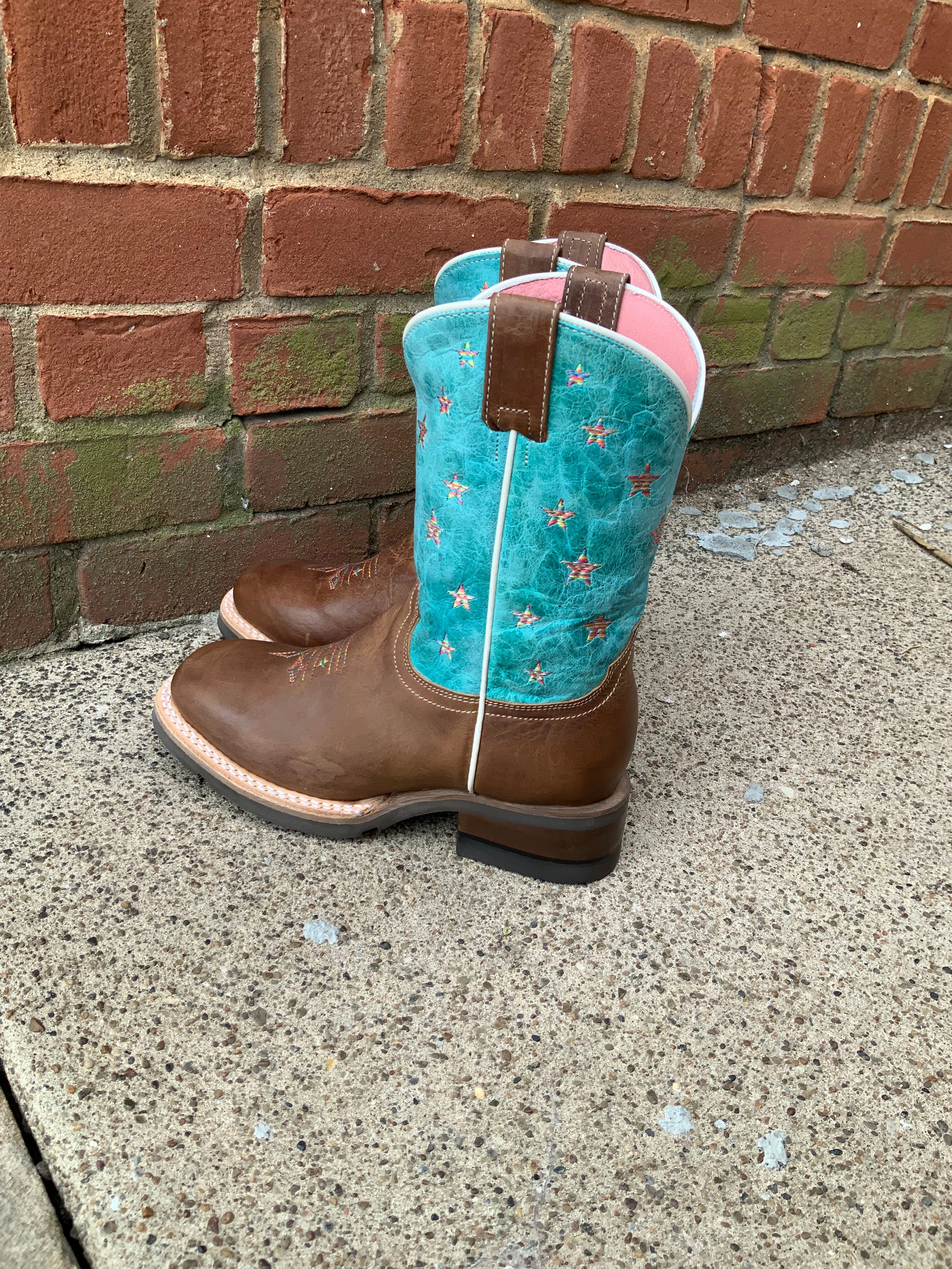 Adjustable buckle Frost resistant Roper Girl's Turquoise Star Design Square Toe Cowgirl Boots 7023-8405