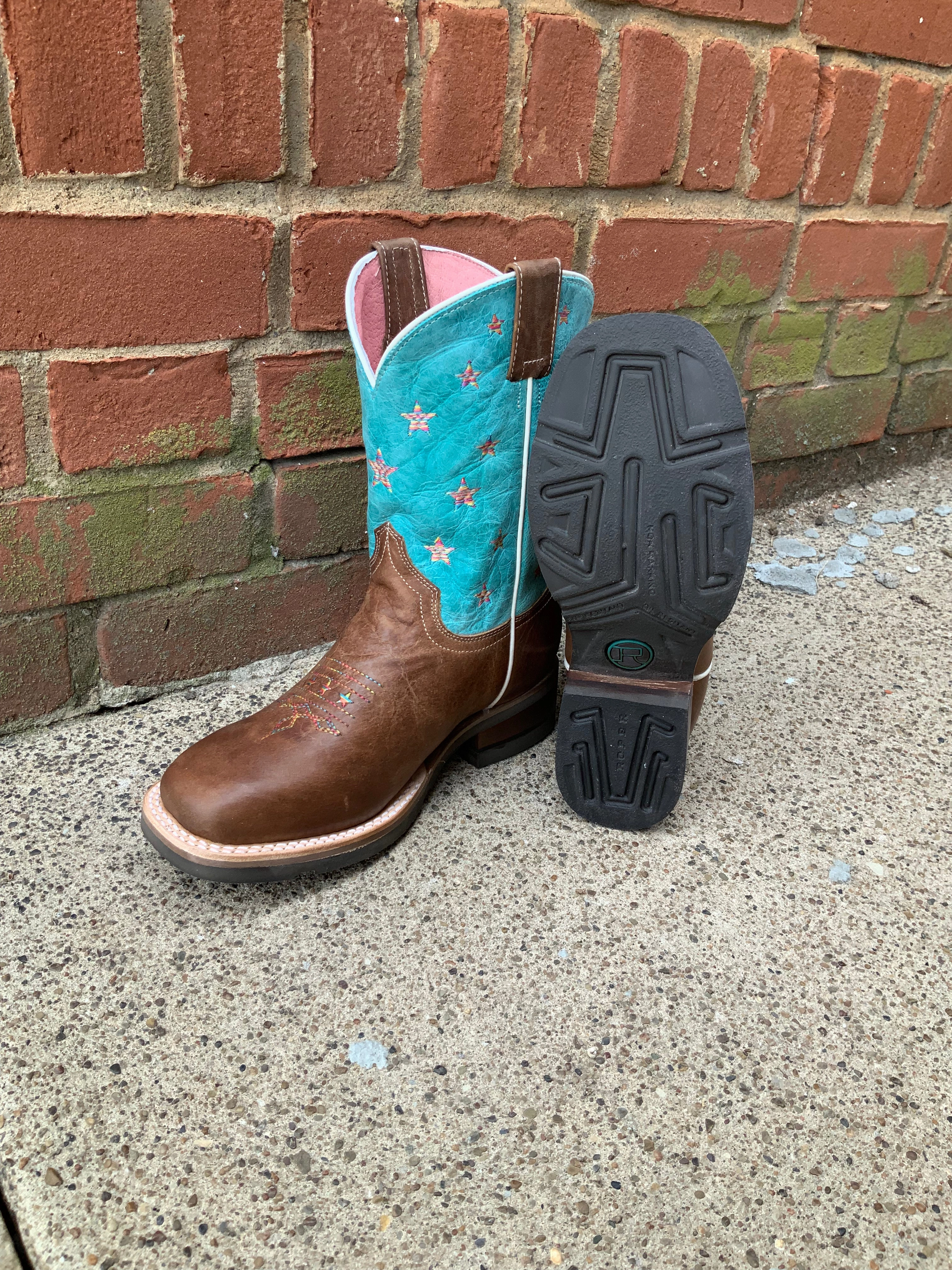 PU Graduate Roper Girl's Turquoise Star Design Square Toe Cowgirl Boots 7023-8405