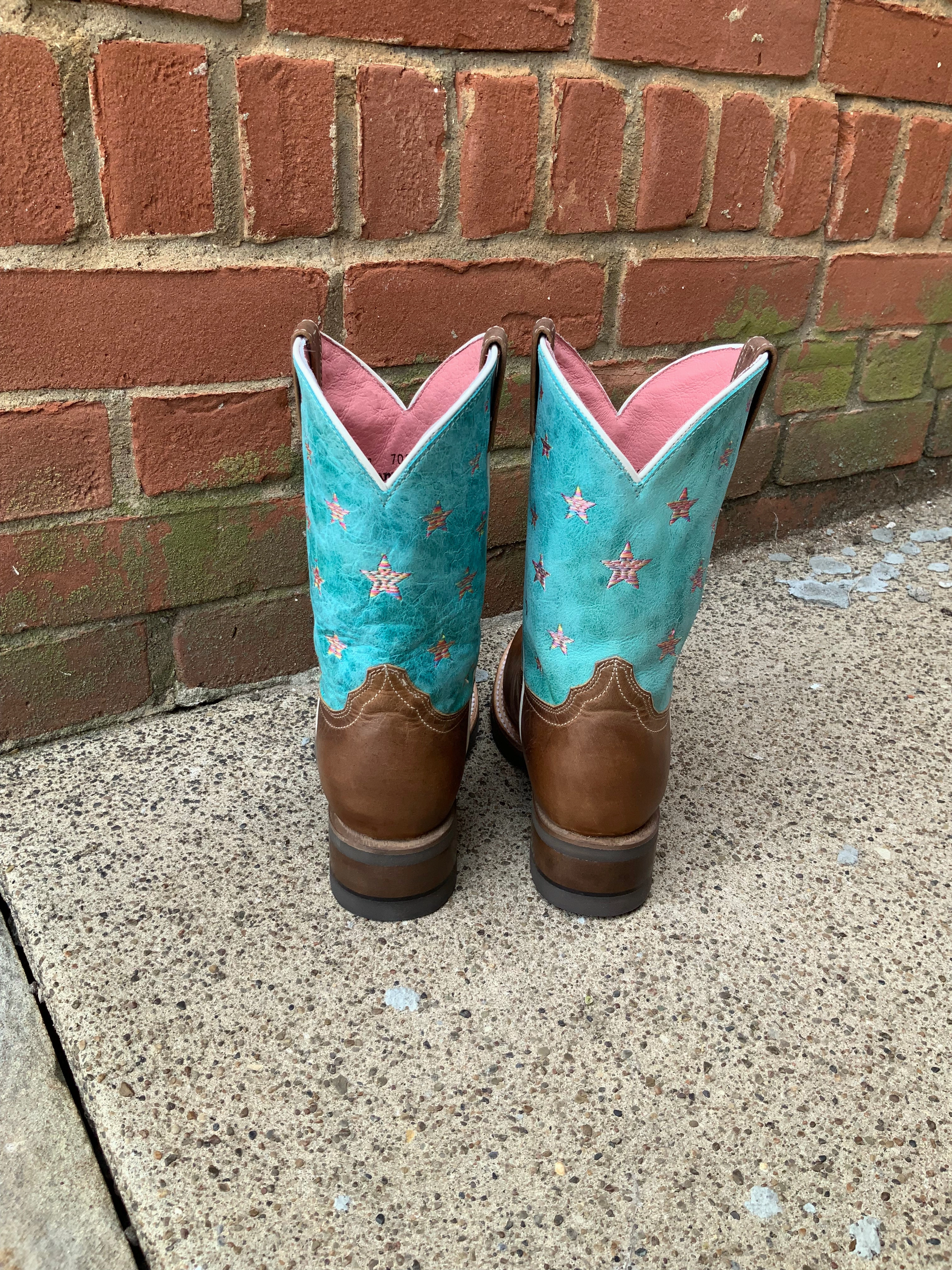 Roper Girl's Turquoise Star Design Square Toe Cowgirl Boots 7023-8405 Winter Style Breathable Upper