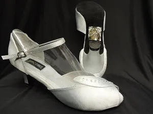 2.38" Charlotte -- Closed Back/Open Toe Ballroom Shoe -- Silver Satin Busy Path Clear Glow